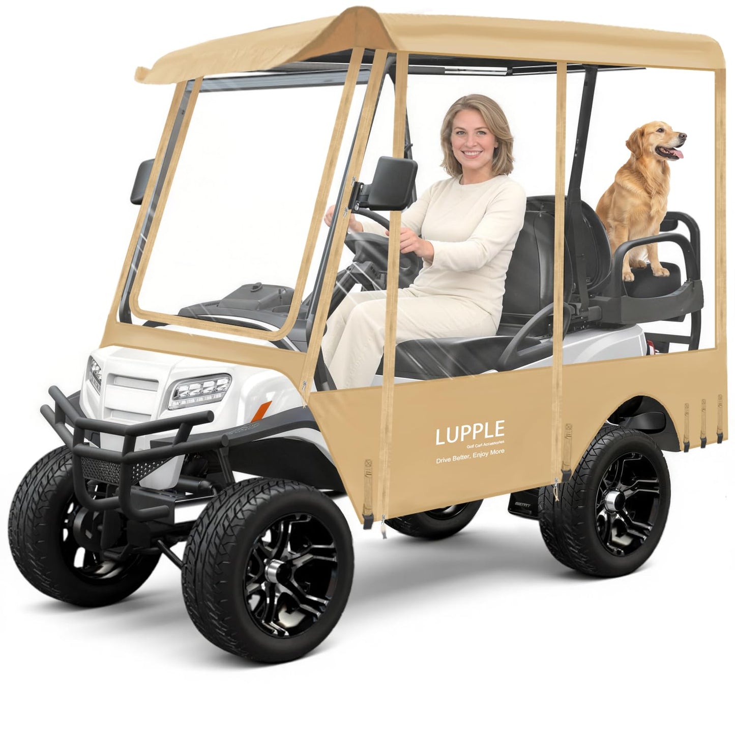 LUPPLE Universal 80 Inch Golf Cart Enclosure for EZGO TXT RXV, Fit Club Car Onward Tempo, Golf Cart Enclosure 4 Passenger Extended Roof, 600D Waterproof Windproof Rain Cover Khaki