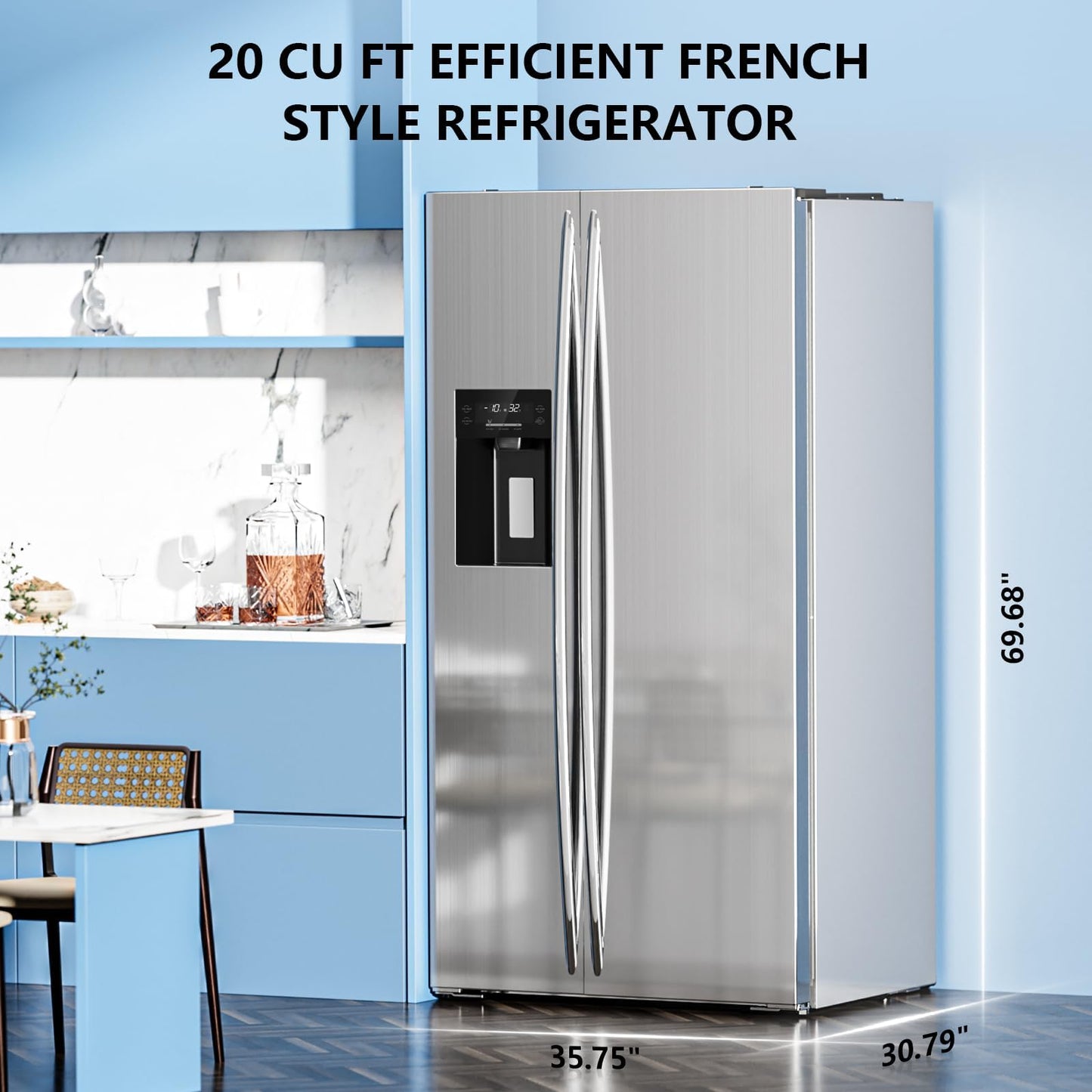Antarctic Star 20 Cu.Ft French Door Refrigerator, Stainless Steel Fridge with Side Freezer & Water Dispenser, Nugget and Cube Ice Maker, Adjustable Thermostat
