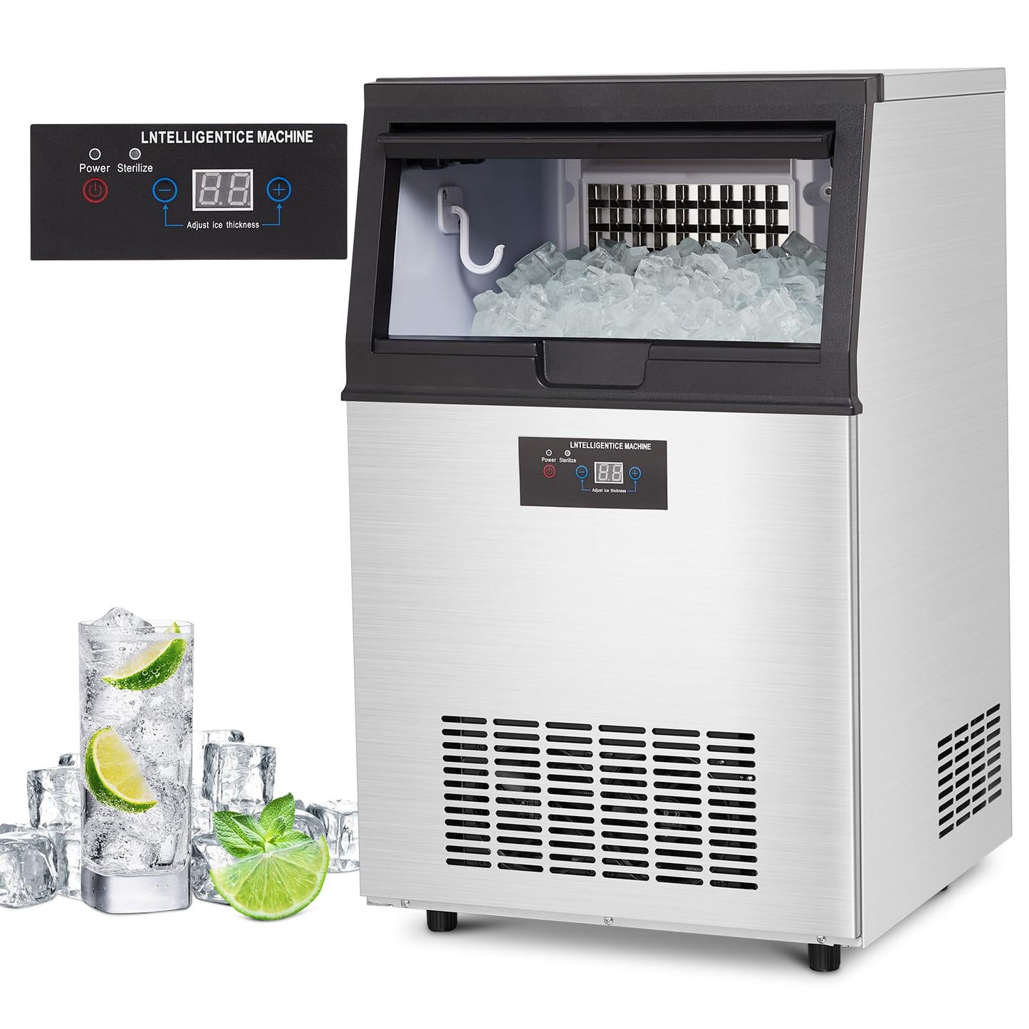 Garveehome Commercial Ice Maker Machine Stainless Steel Under Counter Ice Machine with Ice Storage Capacity, Ice Cube Adjustment, Freestanding Ice Maker, 90 LBS/24H, (5 * 8 Ice Cube)