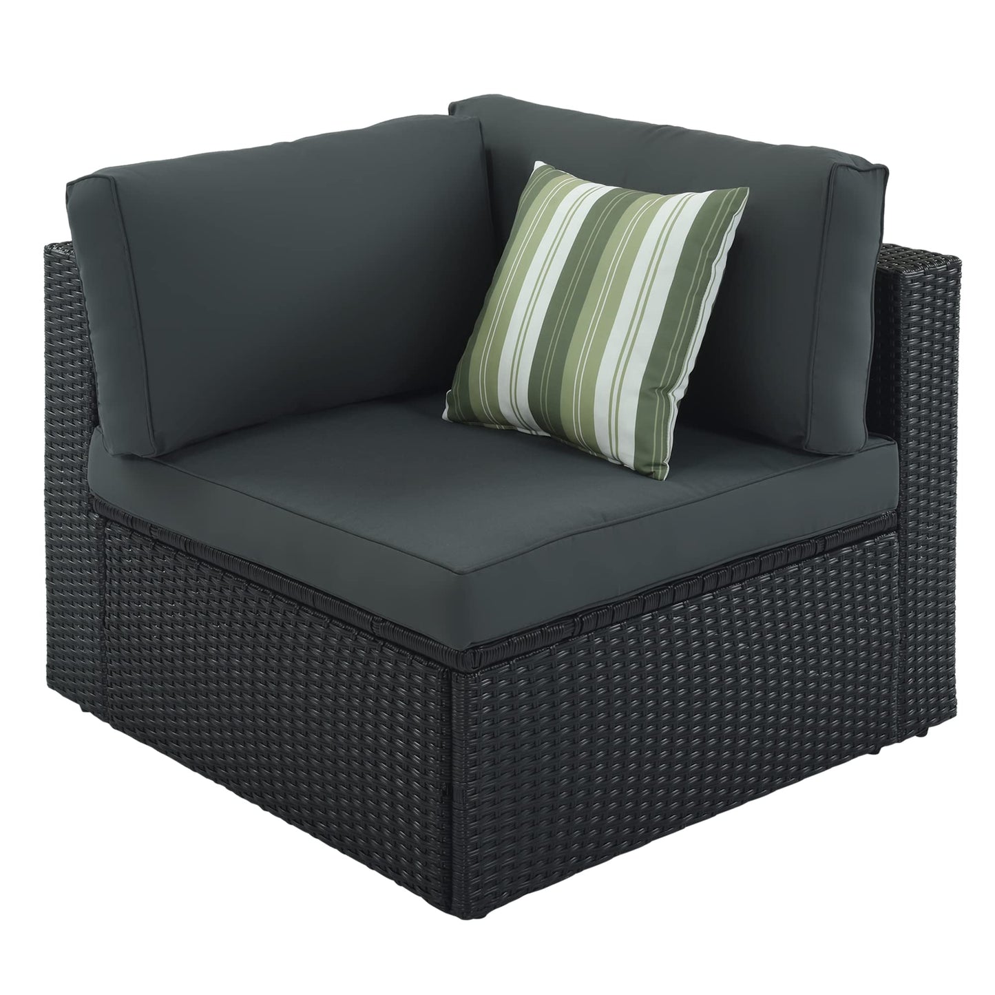 Merax 7-Piece Outdoor Wicker Sectional Sofa Set,Modular Rattan Conversation Set with Gray Cushions,Striped Green Pillows & Tempered Glass Coffee Table for Patio,Garden,Deck,Black