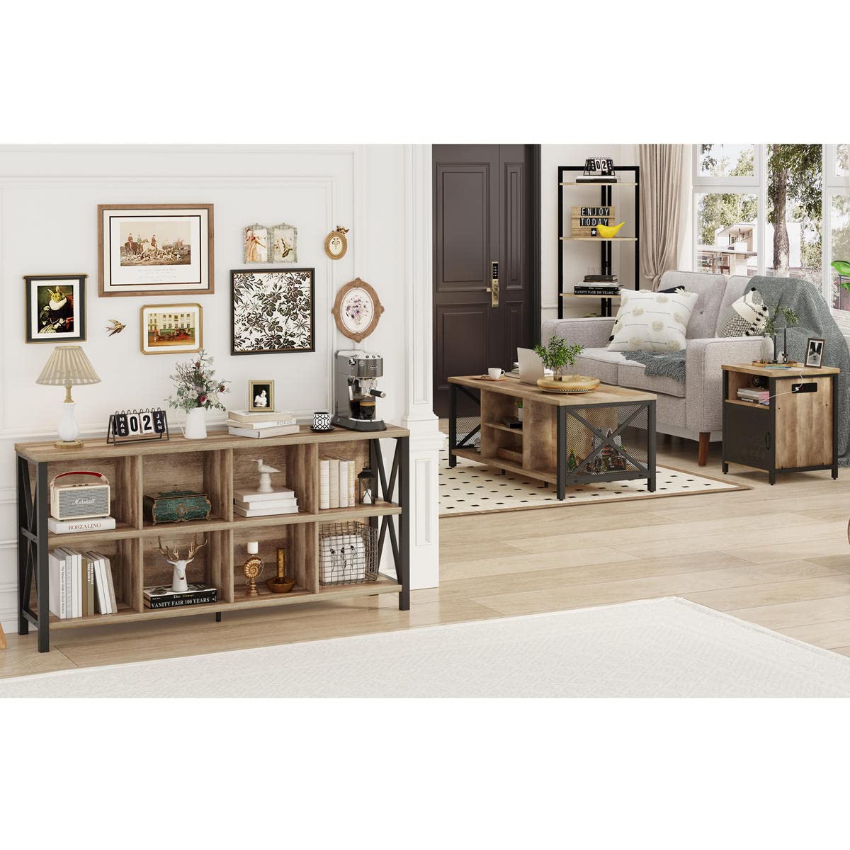 FATORRI 8 Cube Storage Organizer Bookshelf, 62 Inch Rustic Wood Horizontal Bookcase, Industrial Cube Long Book Shelf for Living Room (Rustic Oak)