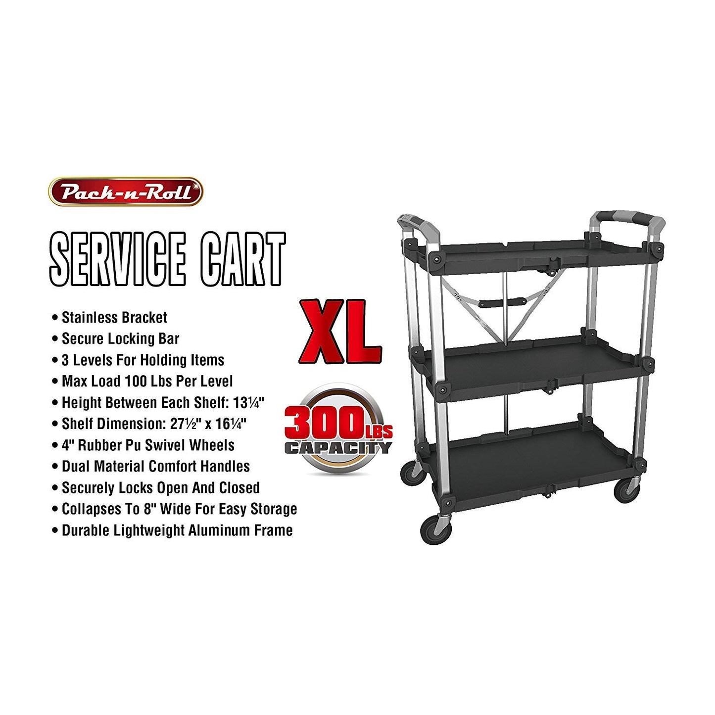 Olympia Tools 85-189 Pack N Roll Collapsible Service Cart, XL, 300LB Capacity, Black