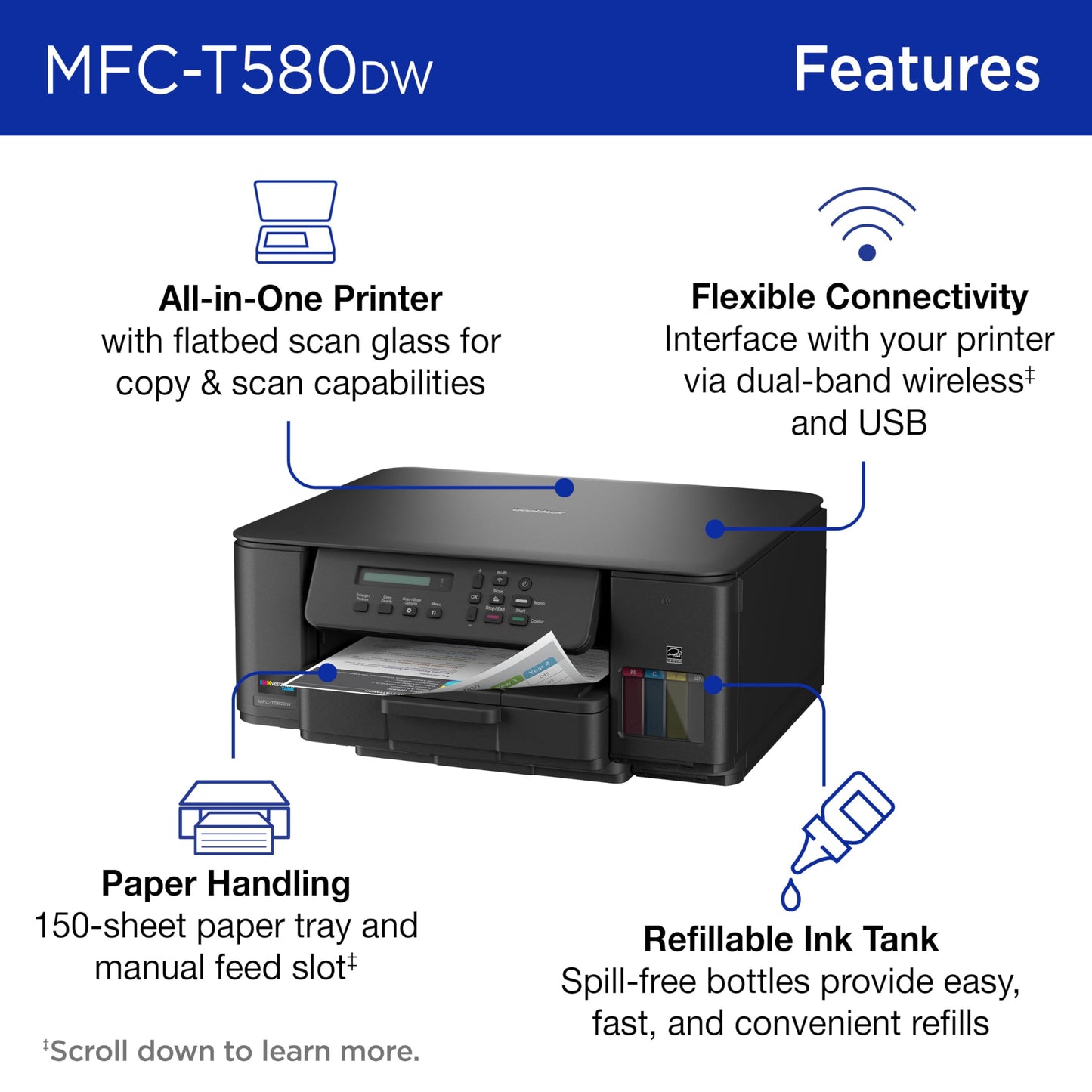 Brother INKvestment Tank 580 Wireless Color Inkjet All-in-One Printer | Includes up to 3 Years of Ink in-Box(1) and 3-Year Limited Warranty(2) (MFC-T580DW)