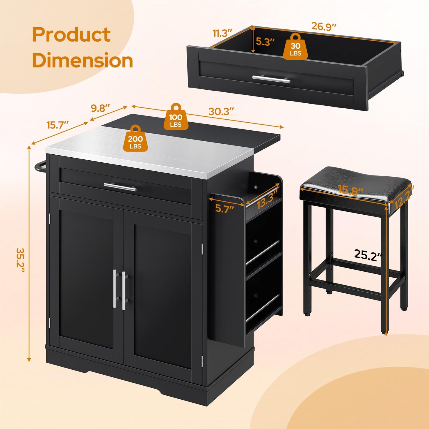 Concho 41'' Rolling Kitchen Island with Seating and Stainless Steel Countertop, Mobile Kitchen Carts with Folding Drop Leaf, Bar Stool, Power Outlet, Spice/Towel Rack, Zest Black