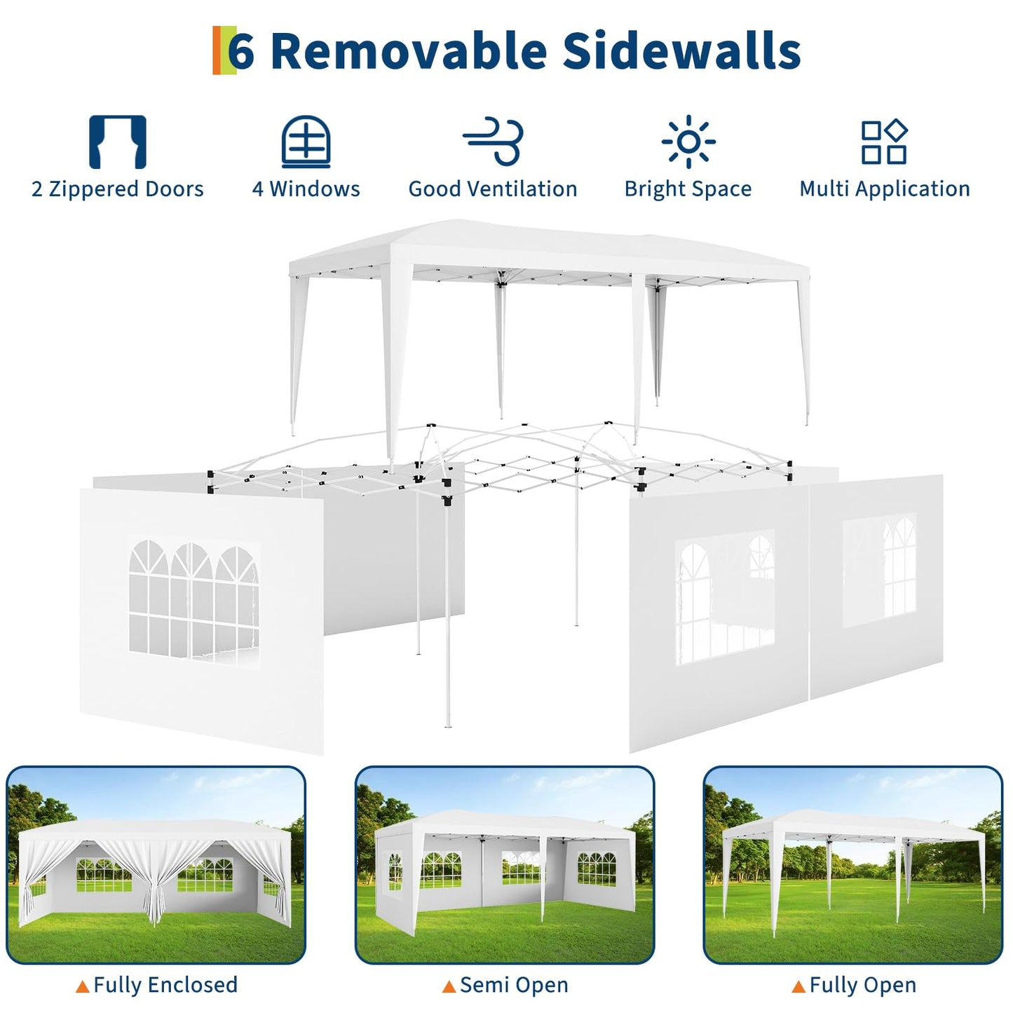Garvee 10x20 Pop Up Canopy Tent with 6 Removable Sidewalls, Easy Up Commercial Canopy Tents for Parties, Large Heavy Duty Outdoor Canopies with 3 Adjustable Heights, Stakes X18, Ropes X6, White