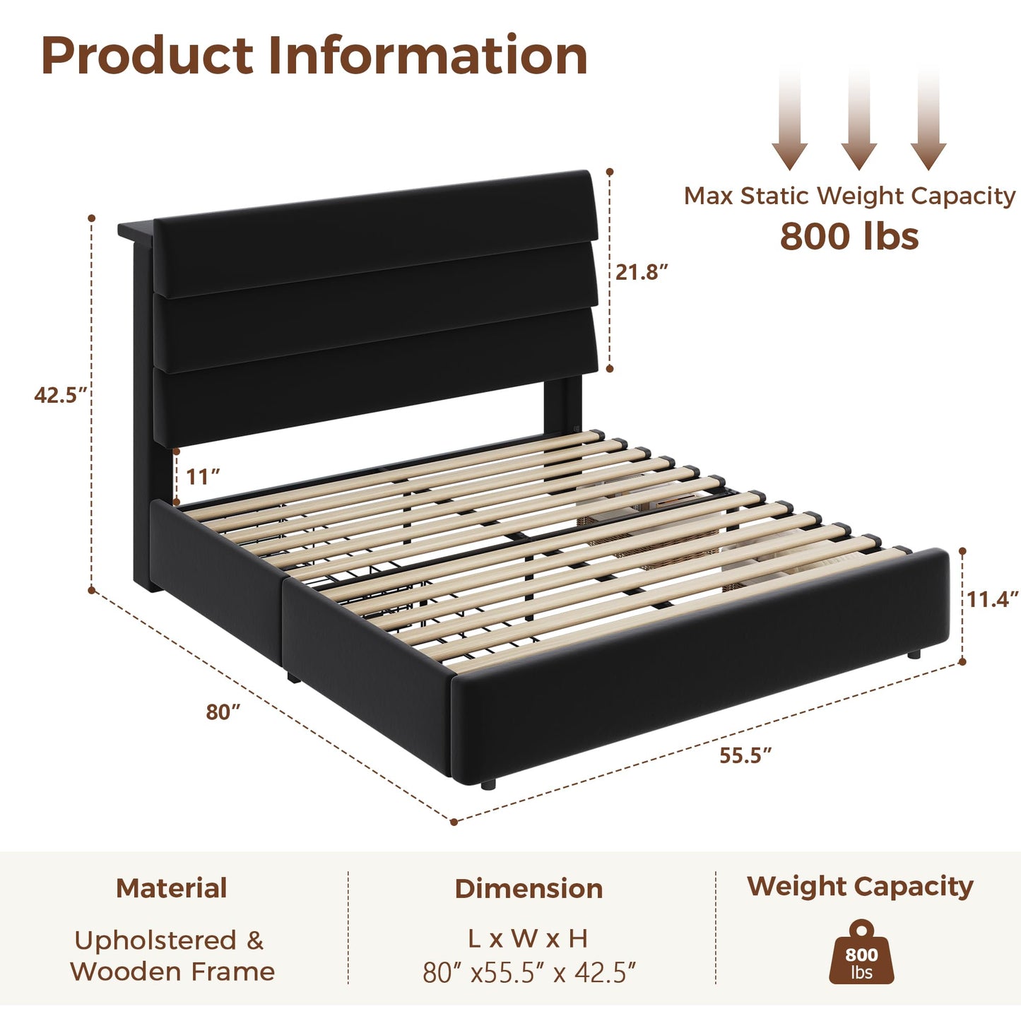 Jocoevol Full Size Bed Frame with 2 Storage Drawers and Headboard Shelf, Velvet Upholstered Platform Bed with LED Lights & Charging Station, Wooden Slats Support, No Box Spring Needed, Black