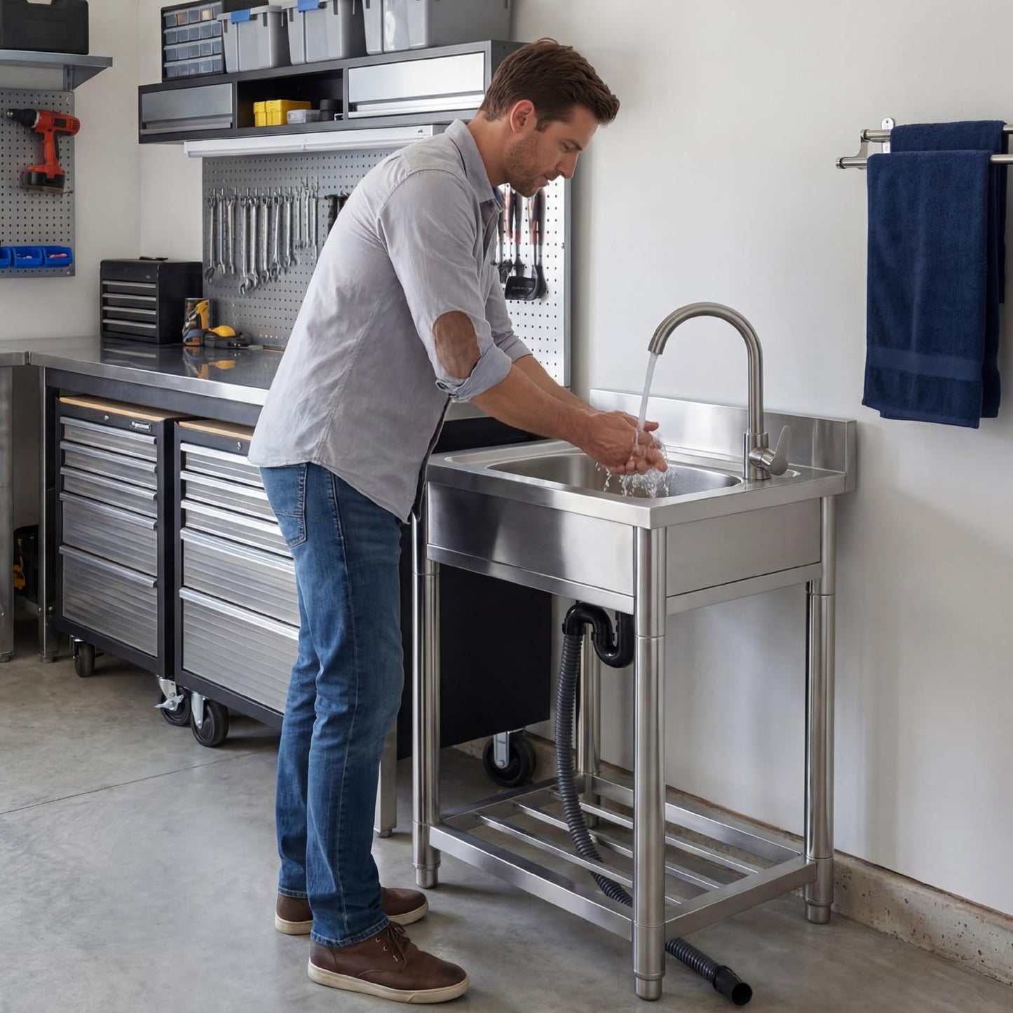 Free Standing Stainless-Steel Single Bowl Commercial Restaurant Kitchen Sink Set w/Faucet, Prep & Utility Washing Hand Basin w/Storage Shelve, laundry tub for Indoor Outdoor (22in)