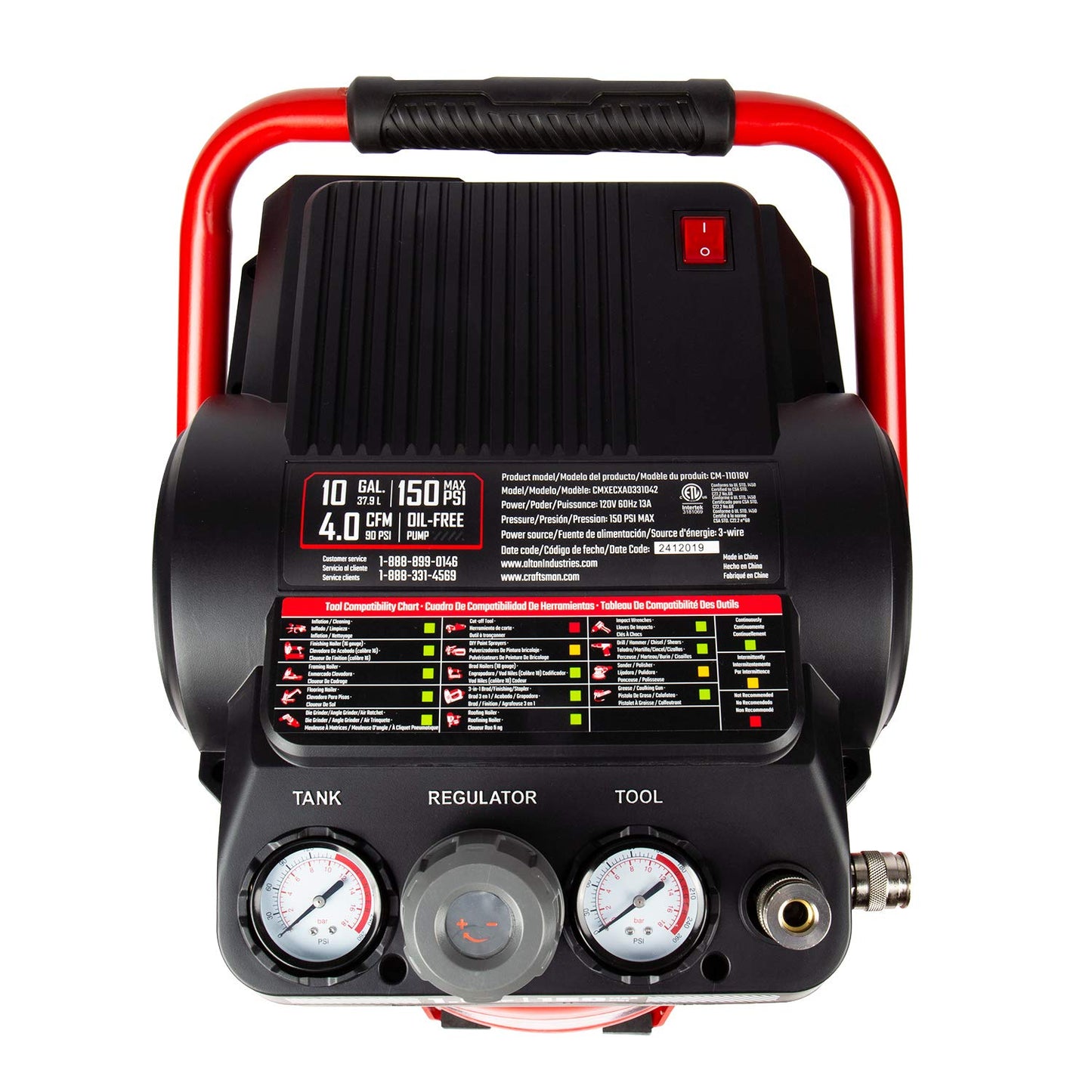 Craftsman Air Compressor 10 Gallon, Peak 1.8 HP, Max 150 PSI, 4.0CFM@90PSI, 5.0 CFM@40PSI, Oil-free, Portable Air Compressor with Wheel, 120V, Model: CMXECXA0331042