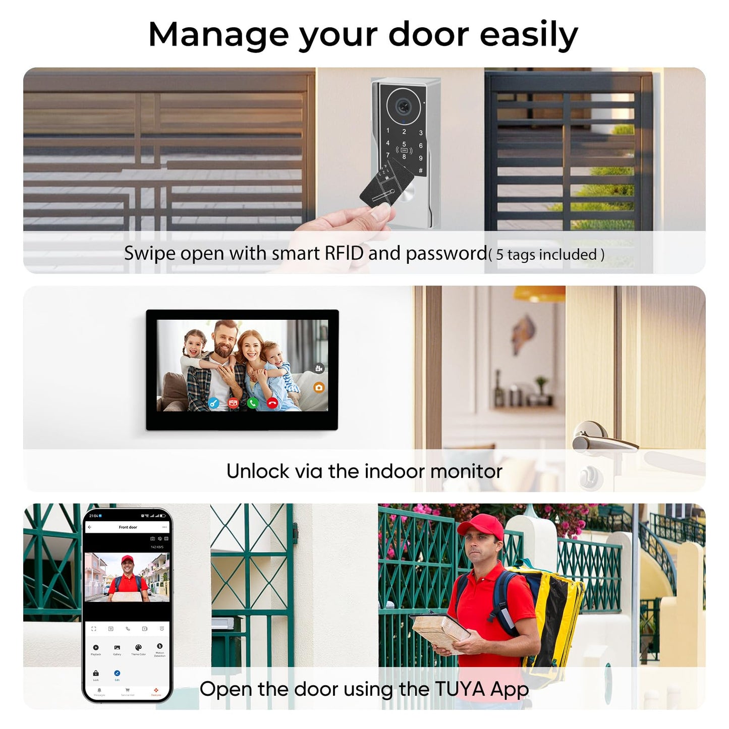 2-Wired key pad Video Intercom System with keypad,doorbell with monitor Dual 7'' Touch Screen, 1080P HD Camera, Passcodes Unlock, Night Vision, Tuya app, Waterproof, for Front Gate Apartment Home