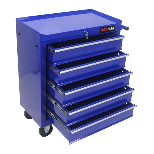 YOPTO Multifunctional Cart with 5 Ball-Bearing Drawers,Portable Rolling Tool Chest W/ 4 Wheels,Key Locking and Pull Handle,for Garage,Warehouse,Workshop,Repair Shop,Blue