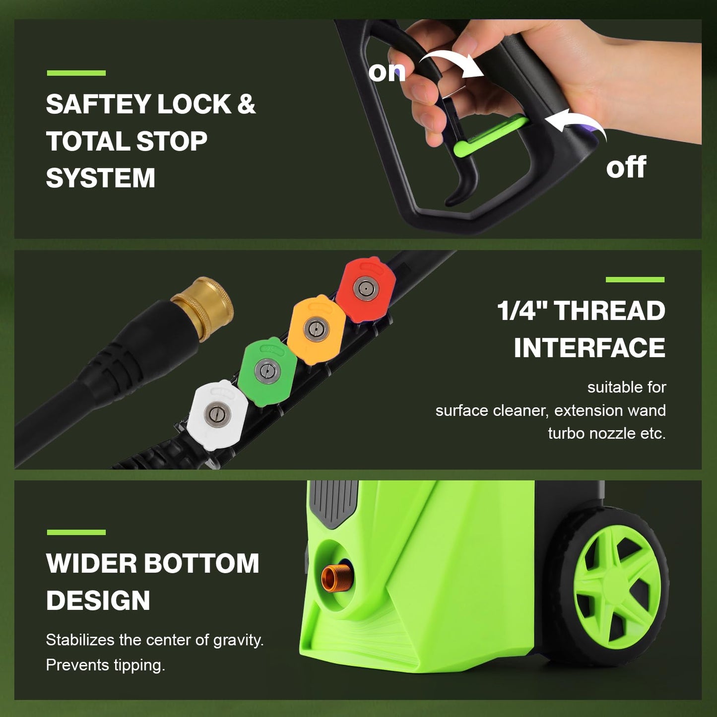 commowner 5000PSI Electric Power Washer with 33FT Flexible Extension Pressure Washer Hose, 4 Nozzles, Professional PowerWashers for Home/Car(Green)