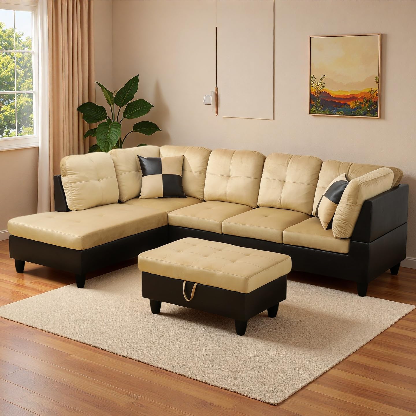NicBex Sectional Couch 3 Pieces Sofa Set, L-Shaped Modular Couches for Living Room, Furniture Sets with Lounge Chaise & Storage Ottoman, Multi-Scene Use for Apartment & Office, Beige+Black