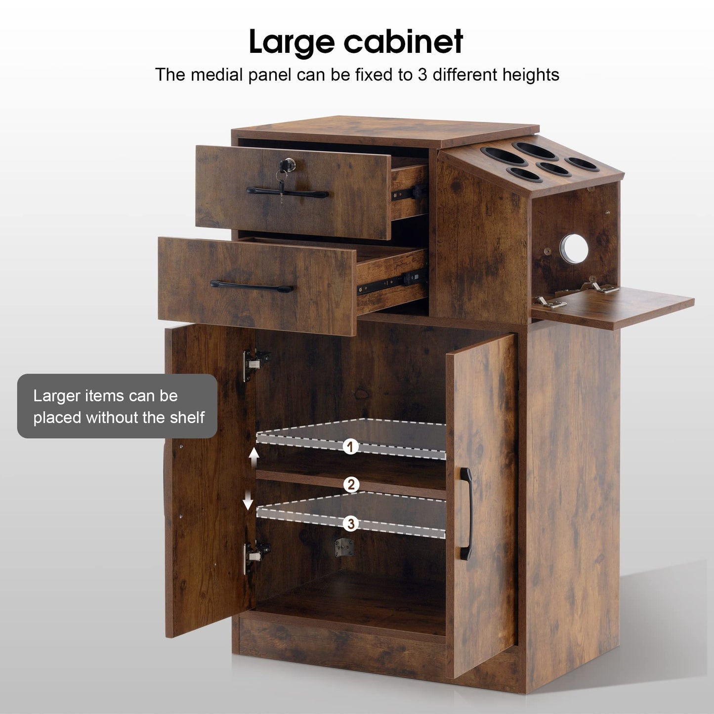 BarberPub Locking Barber Station with 2 Drawers Cabinet Beauty Salon Storage Equipment with Holders for Hair Stylist Spa 2005 (Rust Brown)