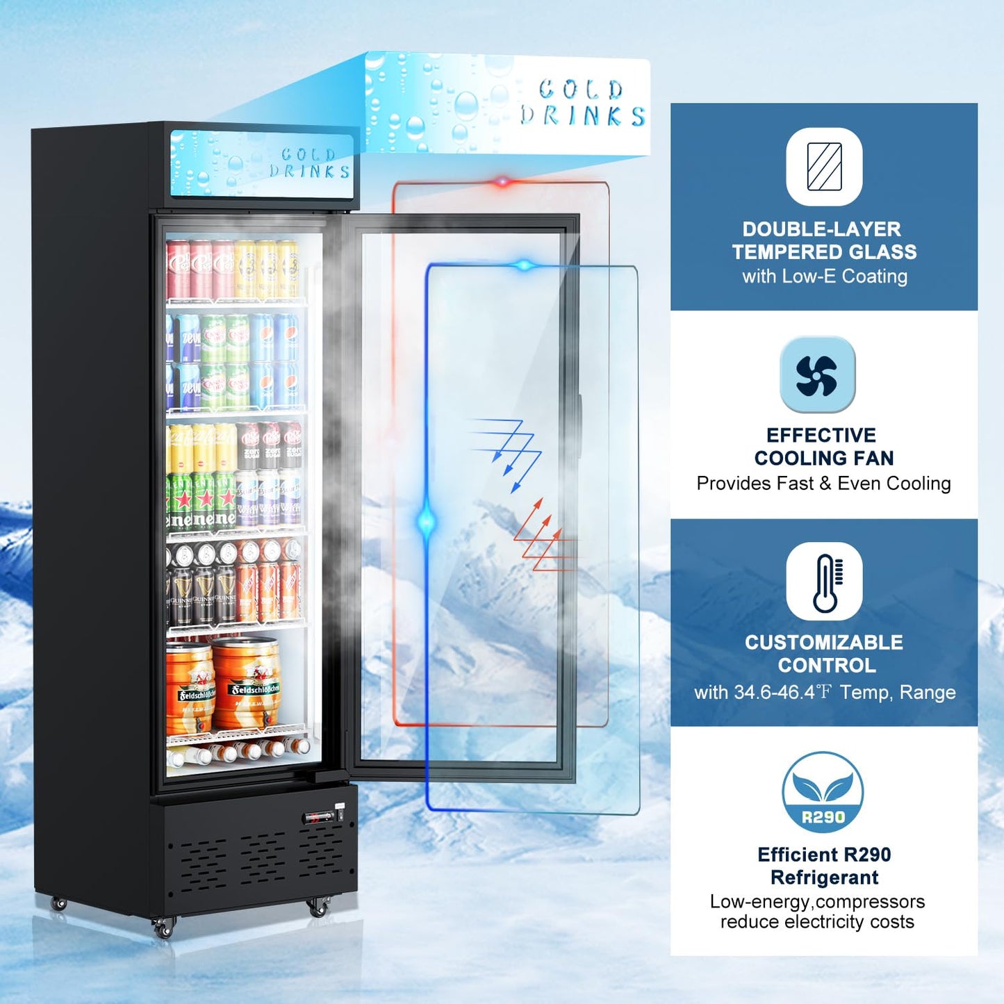 ECEVT 20.8''W Commercial Refrigerators, 11 Cu.ft. Glass Door Beverage Refrigerators Commercial Fridge Upright Display Cooler with Soft LED Light and Adjustable Shelves for Restaurant Grocery Stores