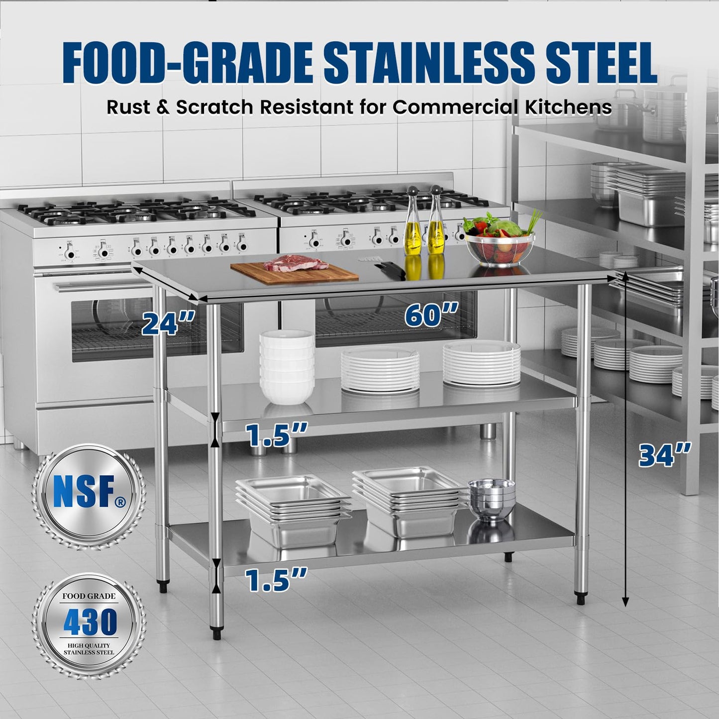 Stainless Steel Work Table 24 x 60 Inch with 2 Adjustable Undershelves, Heavy-Duty Metal Prep Table for Commercial Kitchen & Restaurant, Garage, Outdoor