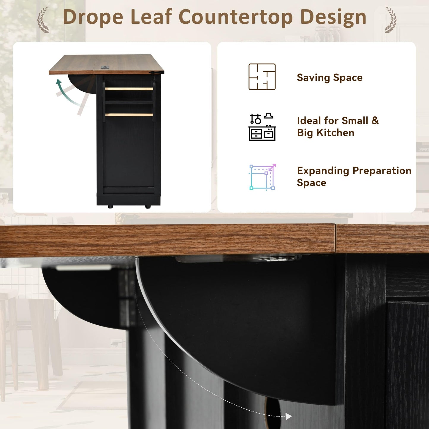 YOPTO Farmhouse Kitchen Island Cart With Power Outlet & 2 Sliding Barn Doors, Rolling Storage Island W/Drop Leaf Spice Rack and 5 Universal Wheels, for Home and Dining Room, Black, 53.7"