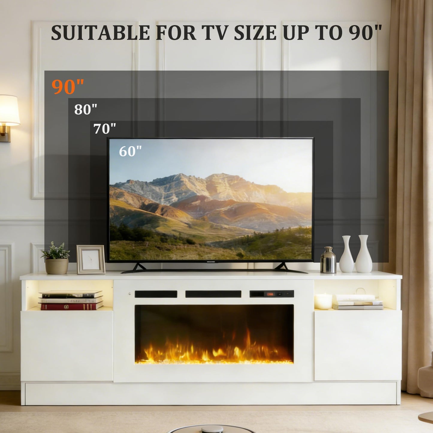 OneBlis 80" Fireplace TV Stand for TVs Up to 90",Entertainment Center with 36” Electric Fireplace and 12 Colors LED Lights,Large TV Console with Storage Cabinet for Living Room,All White