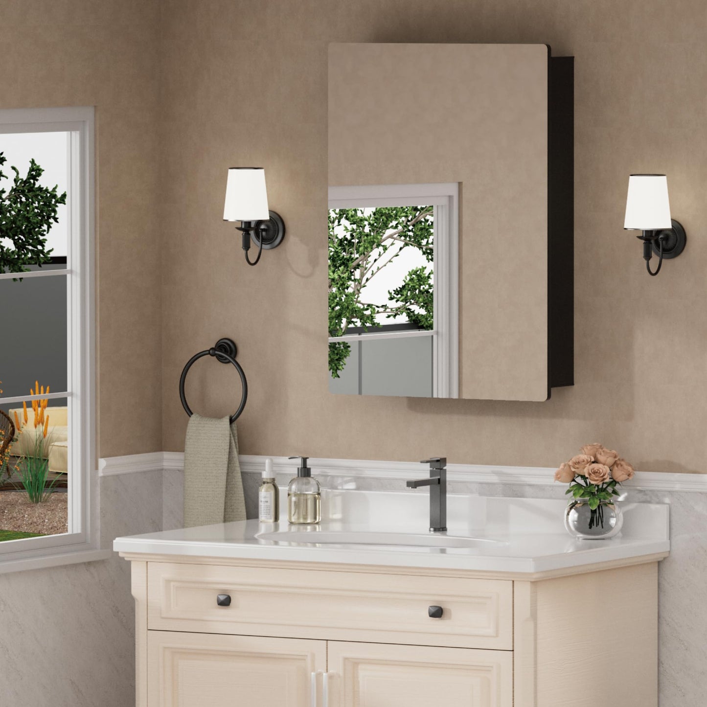 24x30 Inch Medicine Cabinet with Mirror, Recessed or Surface Mounted Bathroom Cabinets for Storage, 2 Fully Adjustable Tempered Glass Shelves, Soft-close DTC Hinges, HD Reflection Mirror Door, Black