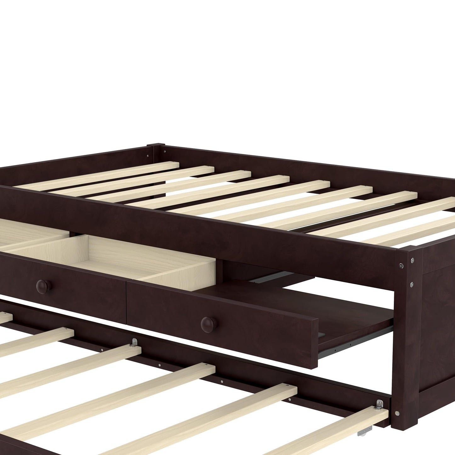 Twin Platform Bed with Trundle and Storage Drawers, Solid Wood Daybed with Power Outlets and Full-upgraded Slats, Twin Bed Frame for Bedroom, Guests, Living Room, No Box Spring Needed, Espresso