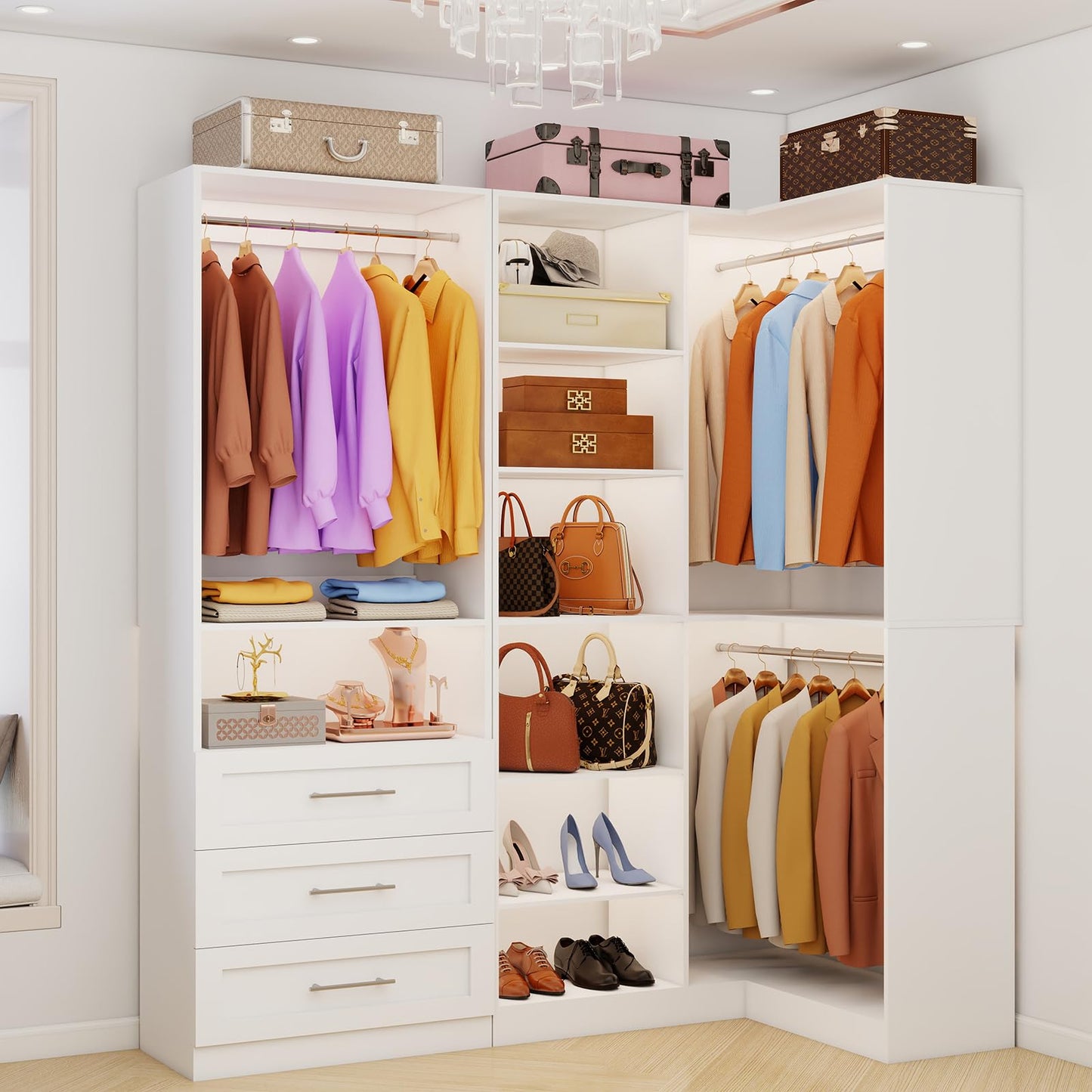 Closet System with 3 Drawers, Corner Closet Organizer Systems with 7 Shelves & 5 Hanging Rods L-Shaped Walk in Closet Freestanding Corner Tower Modular Storage System 2 Sets 1400+ Lbs Capacity White