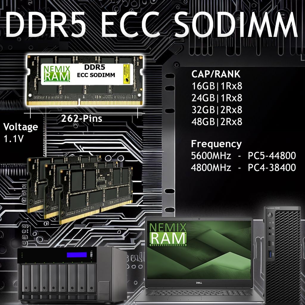 NEMIX RAM 192GB (4X48GB) DDR5 5600MHz PC5-44800 2Rx8 1.1V CL46 262-PIN ECC Unbuffered SODIMM Memory KIT