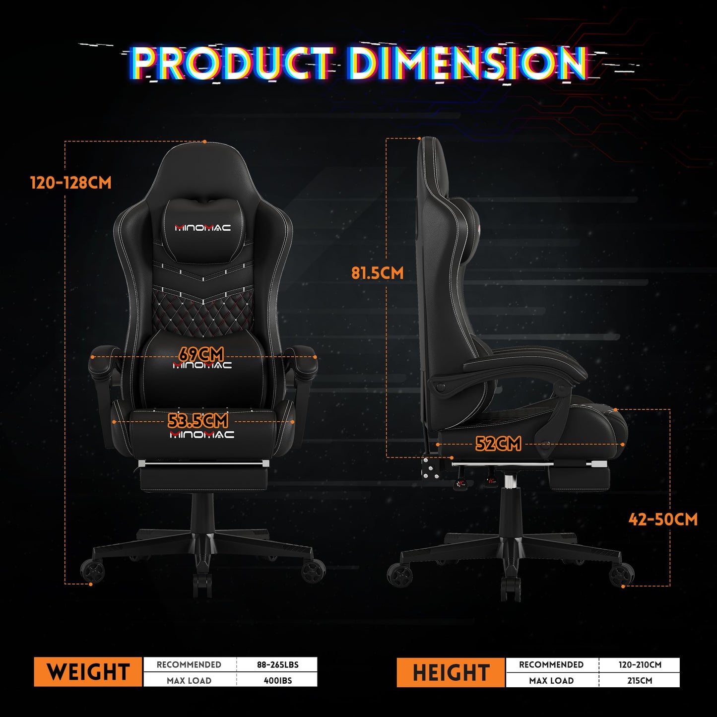 MINOMAC Gaming Chair,Ergonomic Computer Gaming Chair,400lb Load-Bearing,Retractable Footrest/Waist Support/Ergonomic Backrest[Spring + 4D Sponge] (Black)