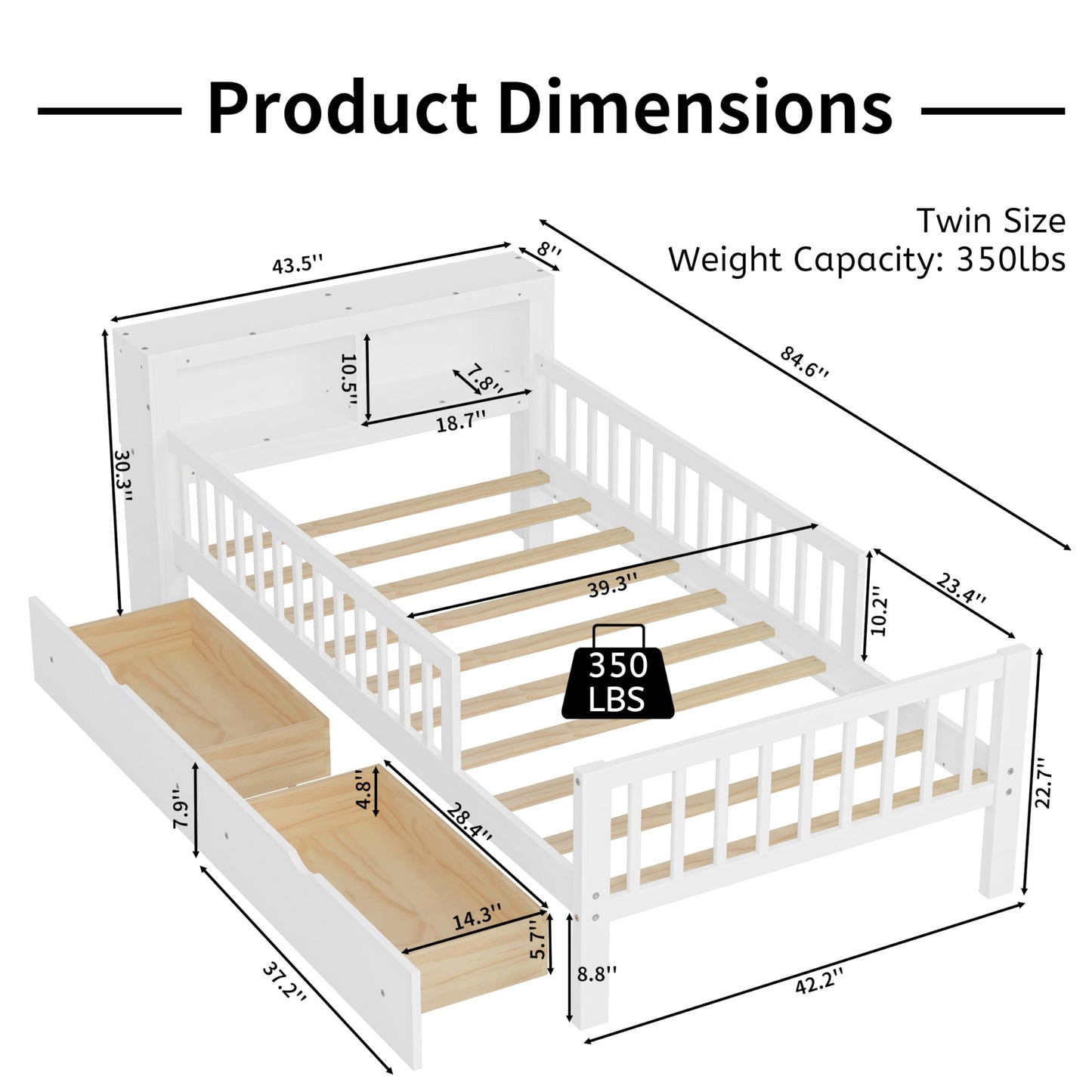 Merax Twin Size Platform Bed with Storage Headboard and Two Under-Bed Drawers, Solid Wood Bed Frame & Three-Side Safety Guardrails for Bedroom, Guest Room, No Box Spring Needed, Easy Assembly, White