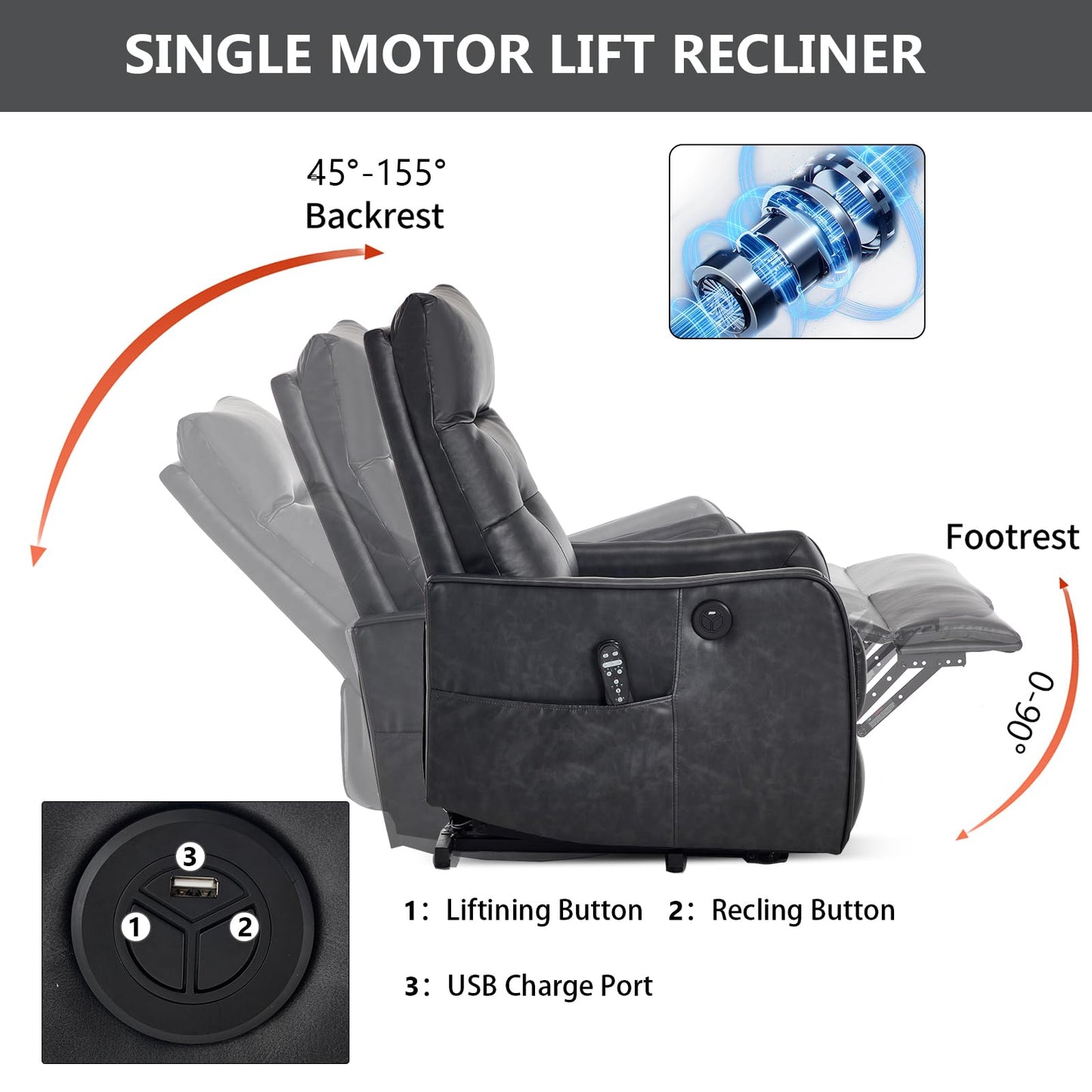 KEIKI Single Motor Power Lift Recliner Chair with Massage and Heat for Living Room, Synthetic Leather Upholstery with USB Charging Port and Side Pockets for Seniors