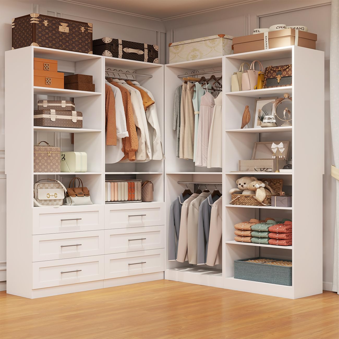 dooloric Closet System with 4 Sets, 8-21FT Closet Organizer Systems with 6 Drawers & 7 Hanging Rods & Adjustable Shelves, Walk in Closet Standalone Closet System Modular Closet System Set White