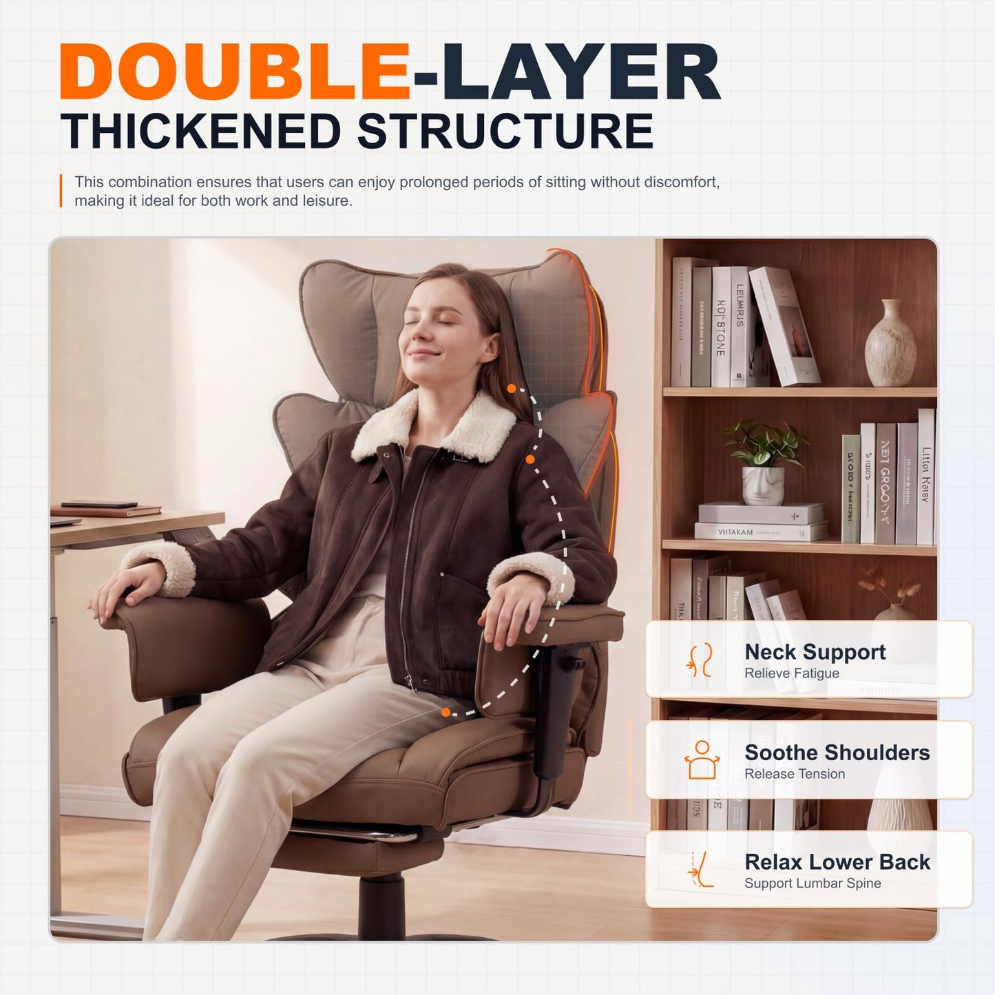 Dowinx Big and Tall Office Chair with Pocket Spring Cushion,High Back Computer Gaming Chairs with Adjustable Armrests,Executive Desk Chairs with Lumbar Support and Footrest,PU Leather-Brown
