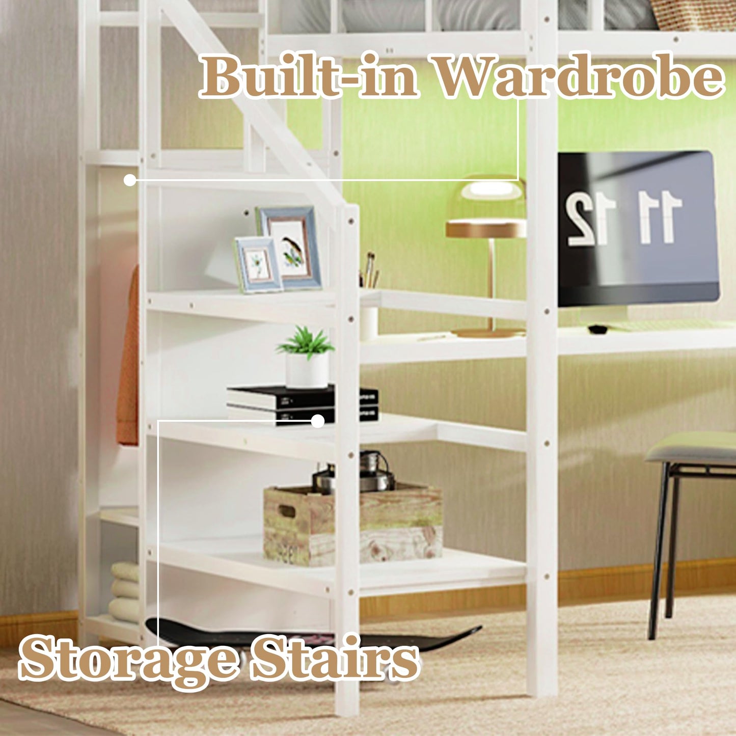 Bellemave Full Size Metal Loft Bed with L Shaped Desk and Wardrobe, Heavy Duty Loft Bed Frame with Storage Stairs, LED Loft Bed Frame with Charging Station & Safety Guardrails, White