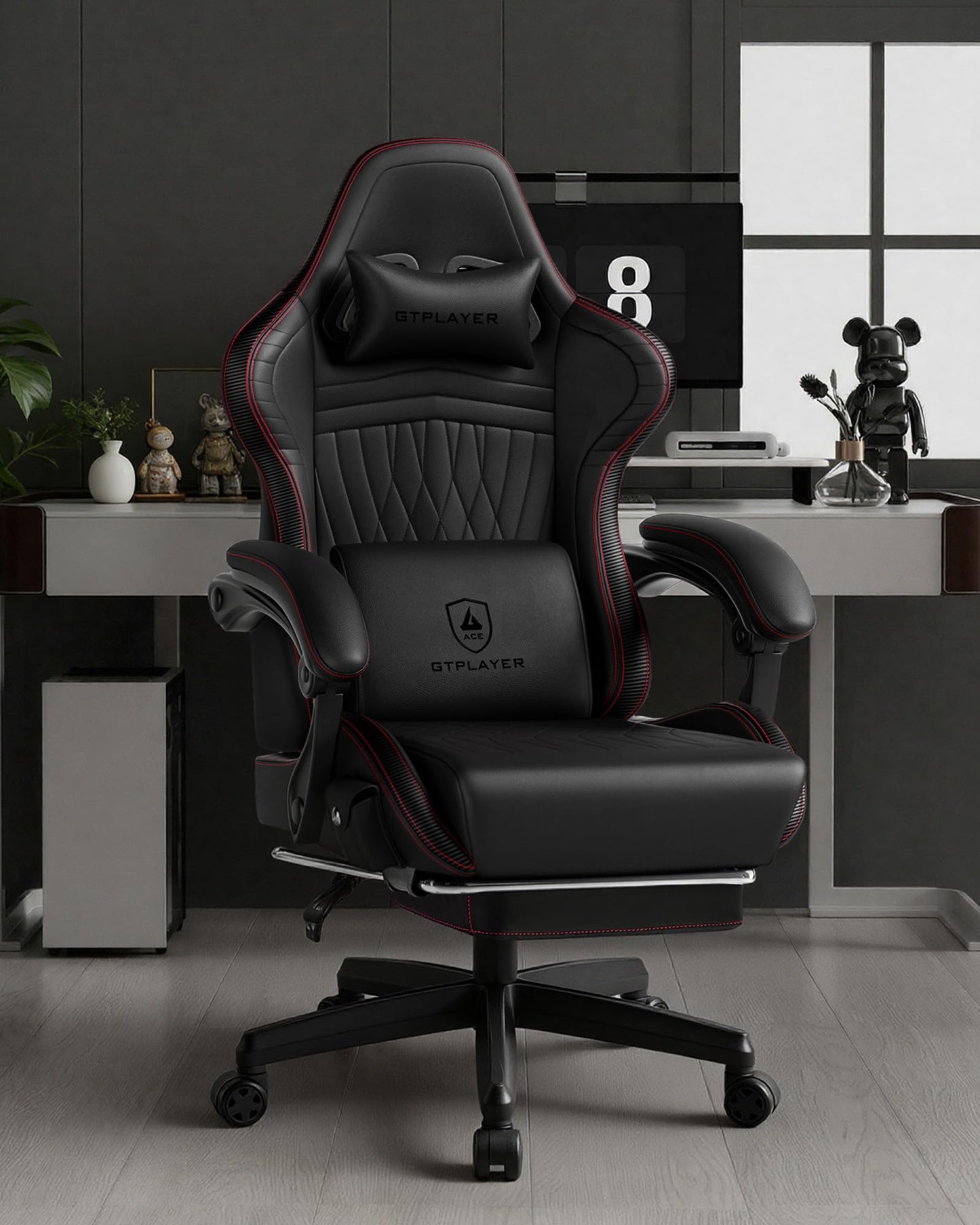 GTPLAYER ACE-PRO Music Gaming Chairs – Built-in Speakers, App Support & Bluetooth Control, Computer Game Chairs with Footrest for Adults, Ergonomic, Reclining, Linkage Armrest, BK‑RD Stitch