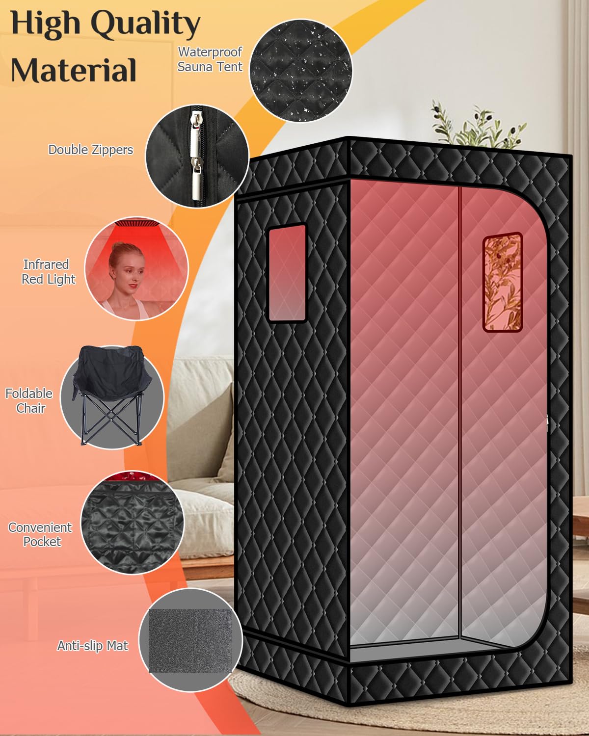 Smartmak Portable Sauna with Infrared 660nm Red Light Therapy Lamp for Home Relaxation, Personal Large Full Size Sauna Spa Tent, 1500W High Power Hot Air Saunas, Folding Chair Indoor Use, 130–150°F