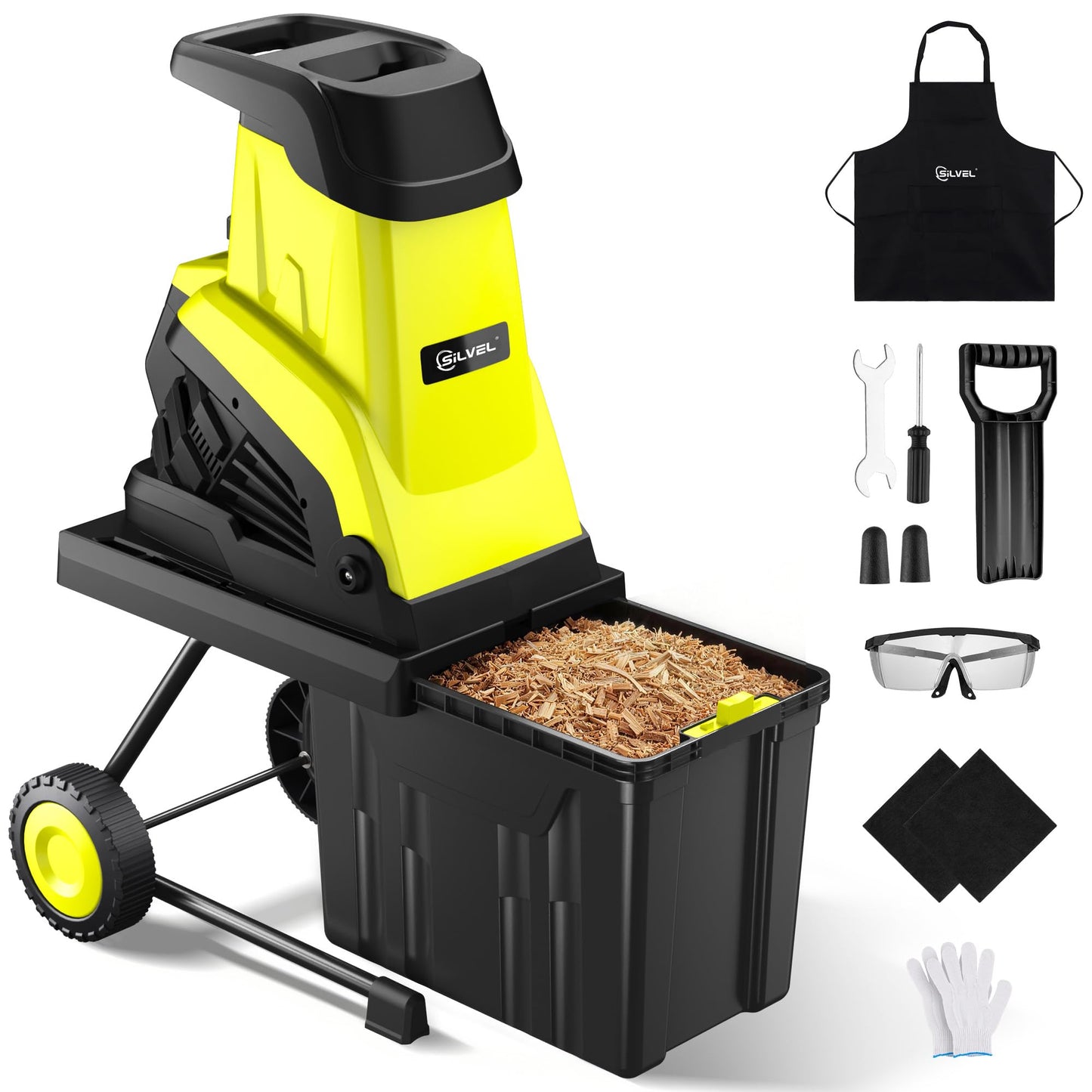 SILVEL Wood Chipper Shredder, 1800W Cutting Diameter of 1.77 inch with 10 Gallon Large Collection Bin, 15-Amp Electric Wood Chipper Shredder for Fast Cleanup, Ideal for Branches, Garden Cleaning,Green
