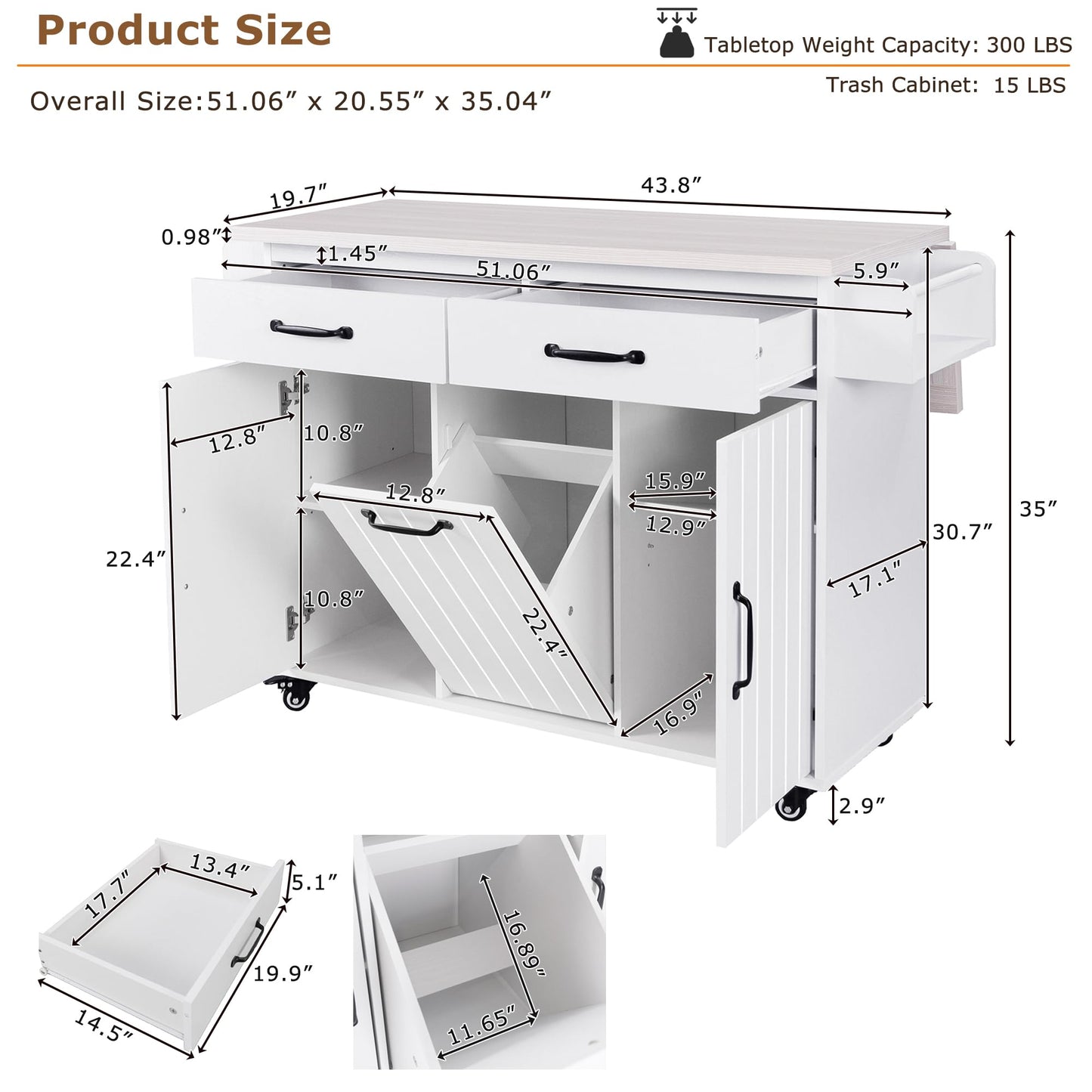 Ball & Cast Kitchen Island with Trash Can Storage Cabinet,Kitchen Cart W/Drop Leaf,Spice Rack,Towel Rack and Drawers,Rolling Kitchen Islands on Wheels W/Adjustable Shelf for Dining Room,White Oak