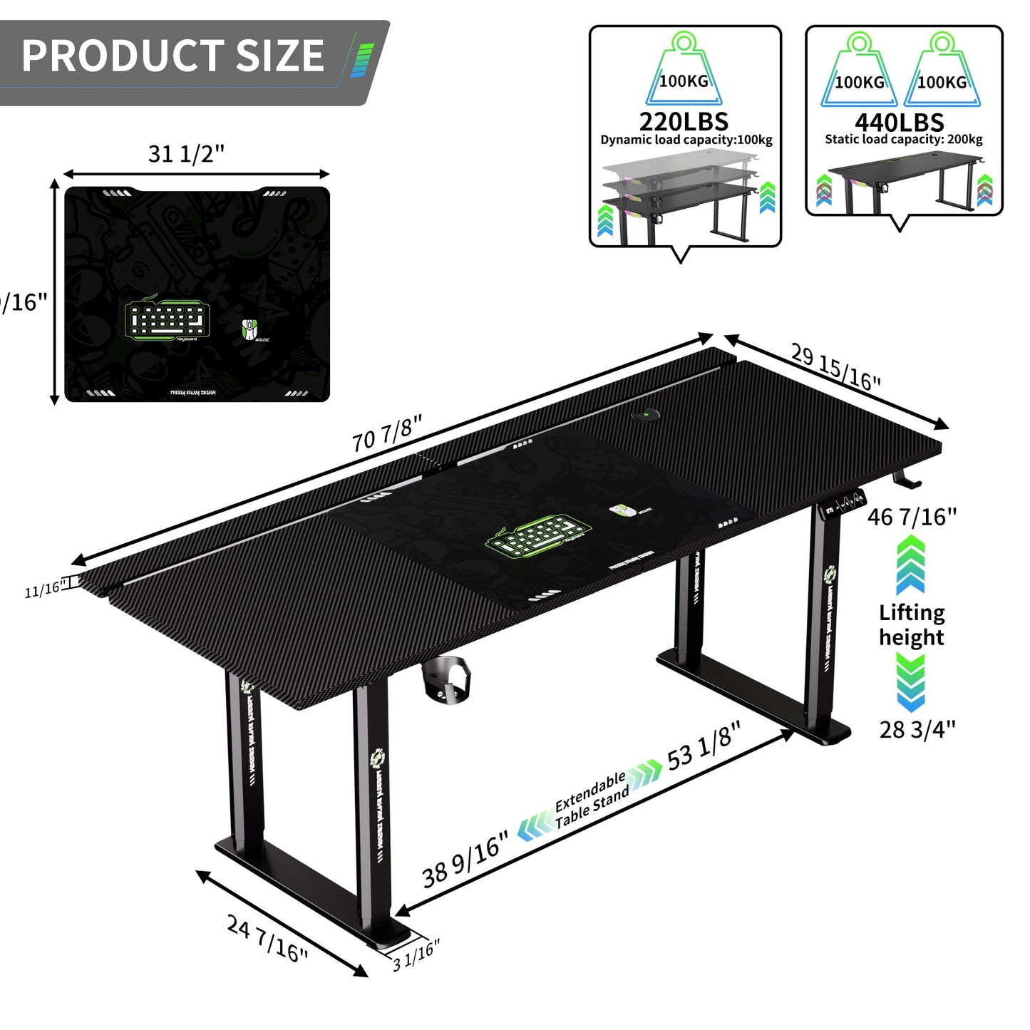 Klobel 71" Gaming Standing Desk for Gamers & Streamers, 4-Leg Electric Sit Stand Desk with LED Lights, Flip-Top Cable Management, Stable Computer Desk with Wheels