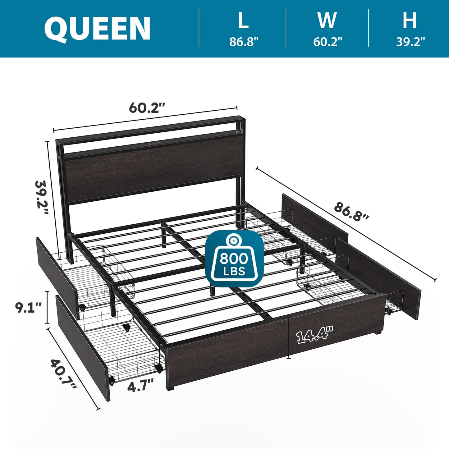 Kiivakii Queen Size Bed Frame with 4 Storage Drawers, LED Platform Bed with Headboard, Built in Charging Station, Noise-Free, Metal Support Base, No Box Spring Needed, Black