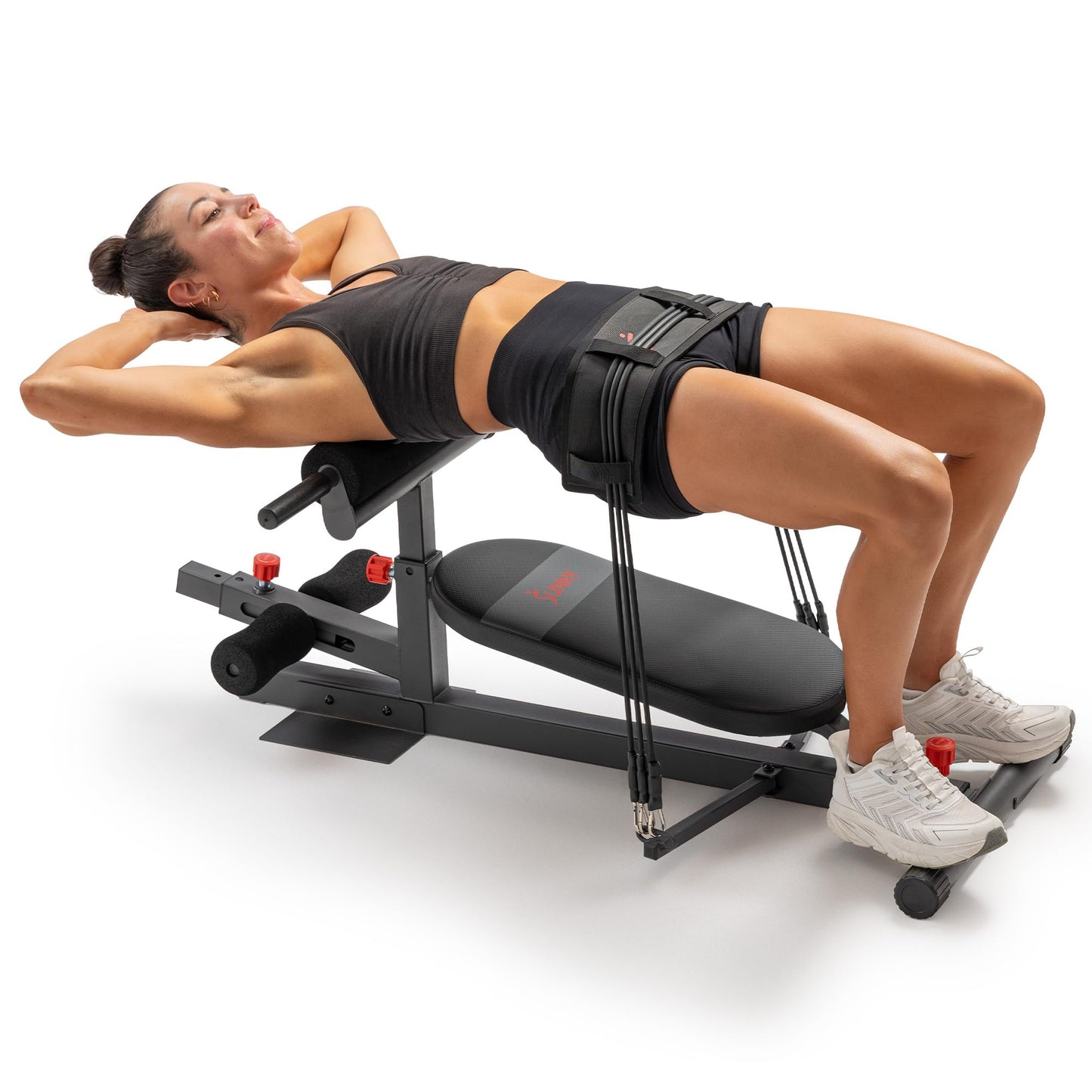 Sunny Health & Fitness Hip Thrust Machine for Home Gym, Multifunction Glute Trainer & Squat Machine, Core Workout Equipment with Resistance Bands, Adjustable Space-Saving Design