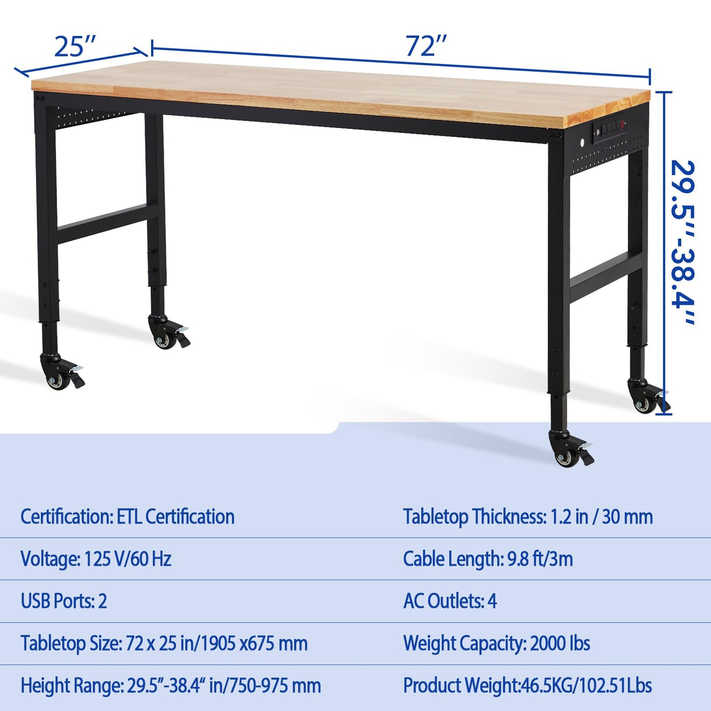 Workbench Adjustable 75' x 25', 2000 Lbs Load Capacity, 29.5"-38.4" Heights Garage Worktable with Universal Wheels & Power Outlet, Heavy-Duty Table for Workshop Office Home Commercial