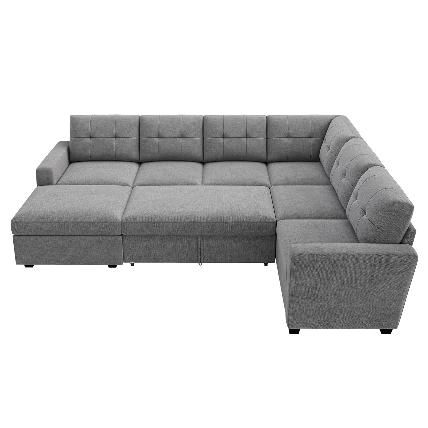 HONBAY 106.2 Inch U-Shaped Sectional Sleeper Sofa with Pull-Out Bed & Storage Ottoman, 7-Seater Sectional Sofa for Living Room, Pet-Resistant Fabric Couch, Grey