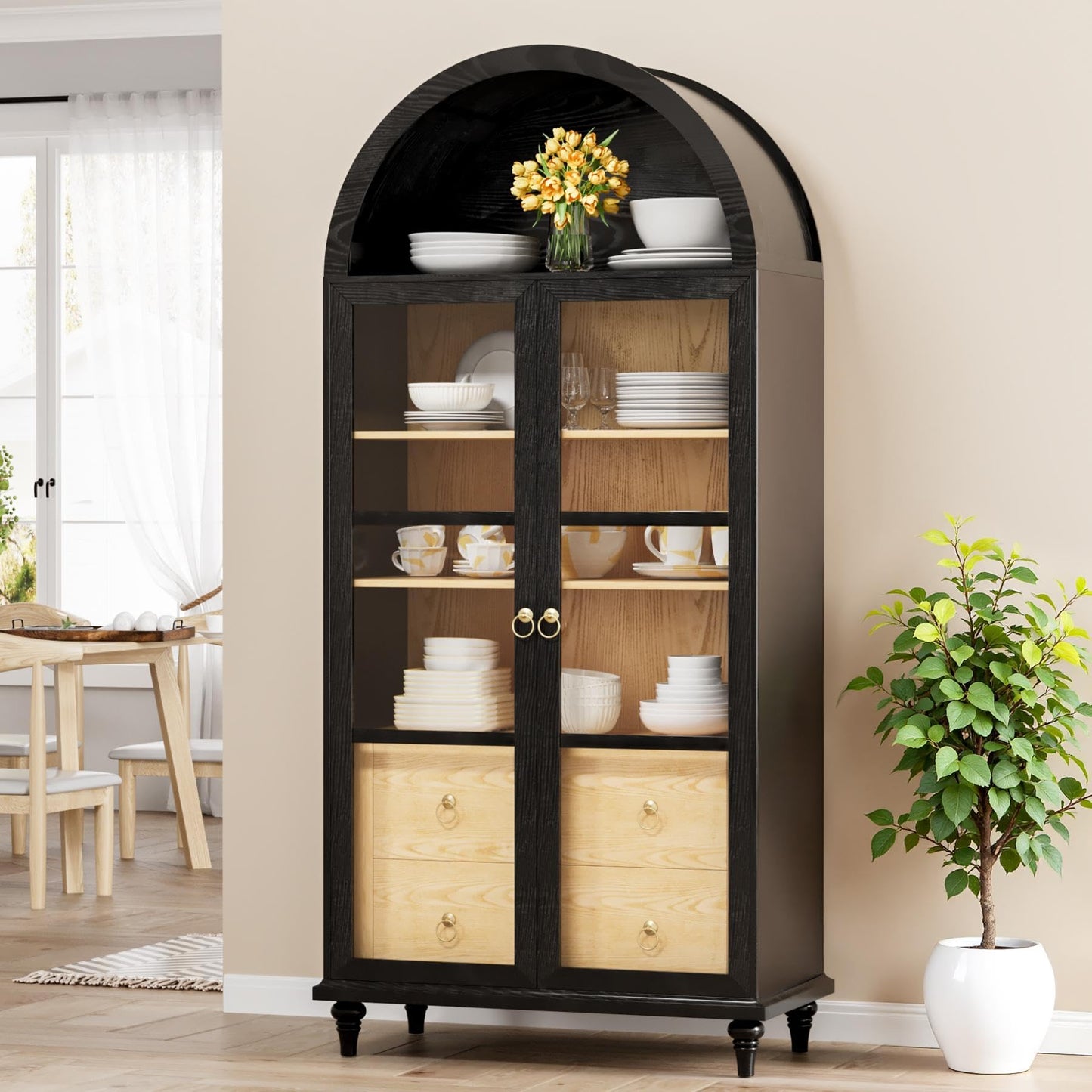 YESHOMY Kitchen Pantry Cabinet, 71" Arched Storage Cabinets Tall Pantry, Bookshelf, with Large Drawers, Shelves and Glass Doors, Farmhouse Cupboard, for Living Room, Dining Room(Black)