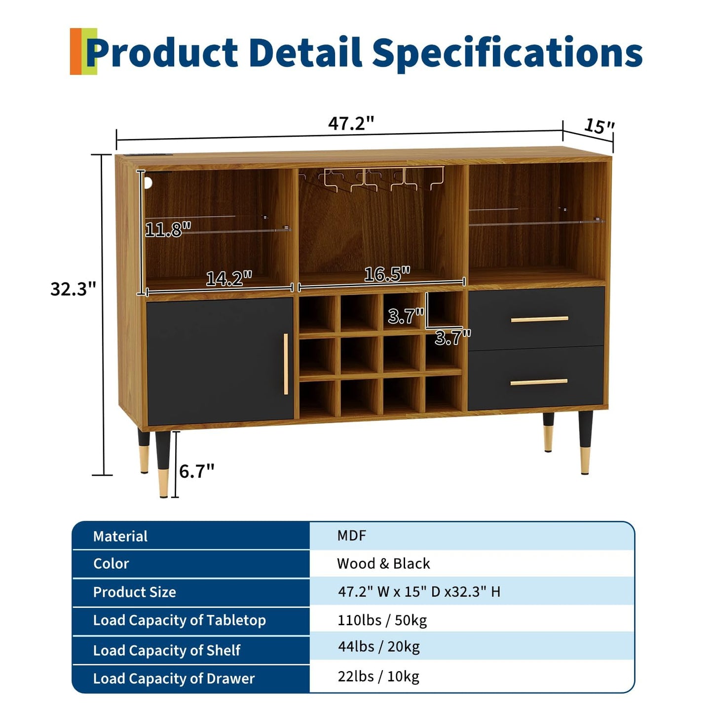 47 Inch Bar Cabinet with LED Lights & Charging Station, Modern Sideboard Buffet Cabinet with Storage Drawers, Wine Rack & Doors, Coffee Bar Table for Living Room, Dining Room, Home- Wood & Black