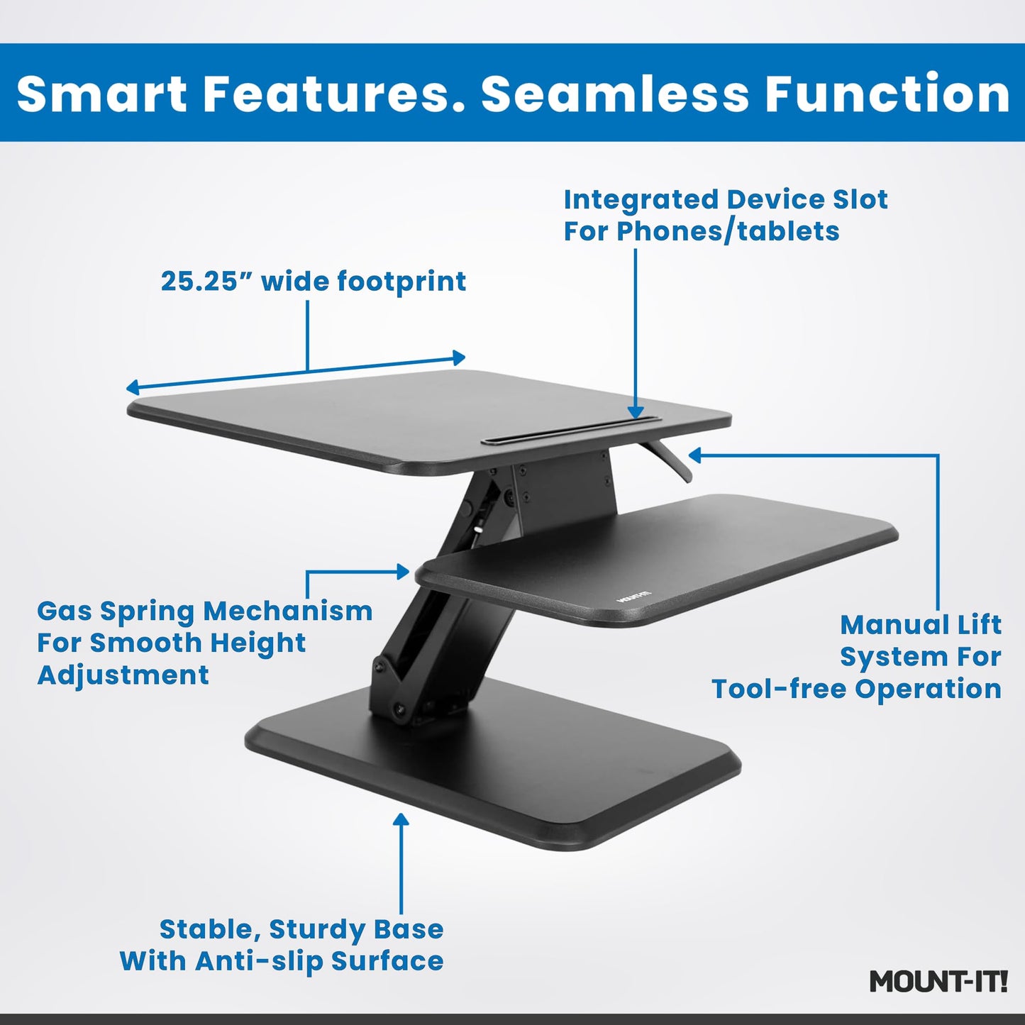 Mount-It! Standing Desk Converter, Compact 25" Sit Stand Desk Riser with Gas Spring Lift, Adjustable Height Desktop Riser for Laptop, Monitor, and Keyboard, Small Home Office Desk Converter