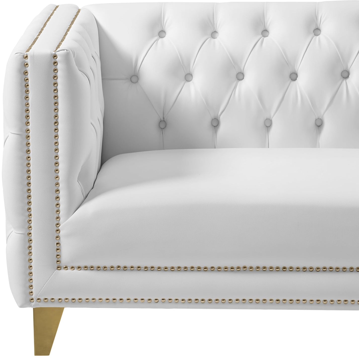 Meridian Furniture 651White-L Michelle Collection Modern | Contemporary Loveseat with Deep Button Tufting, Gold Nailhead Trim and Sturdy Gold Iron Legs, White Vegan Leather, 66" W x 34" D x 30" H