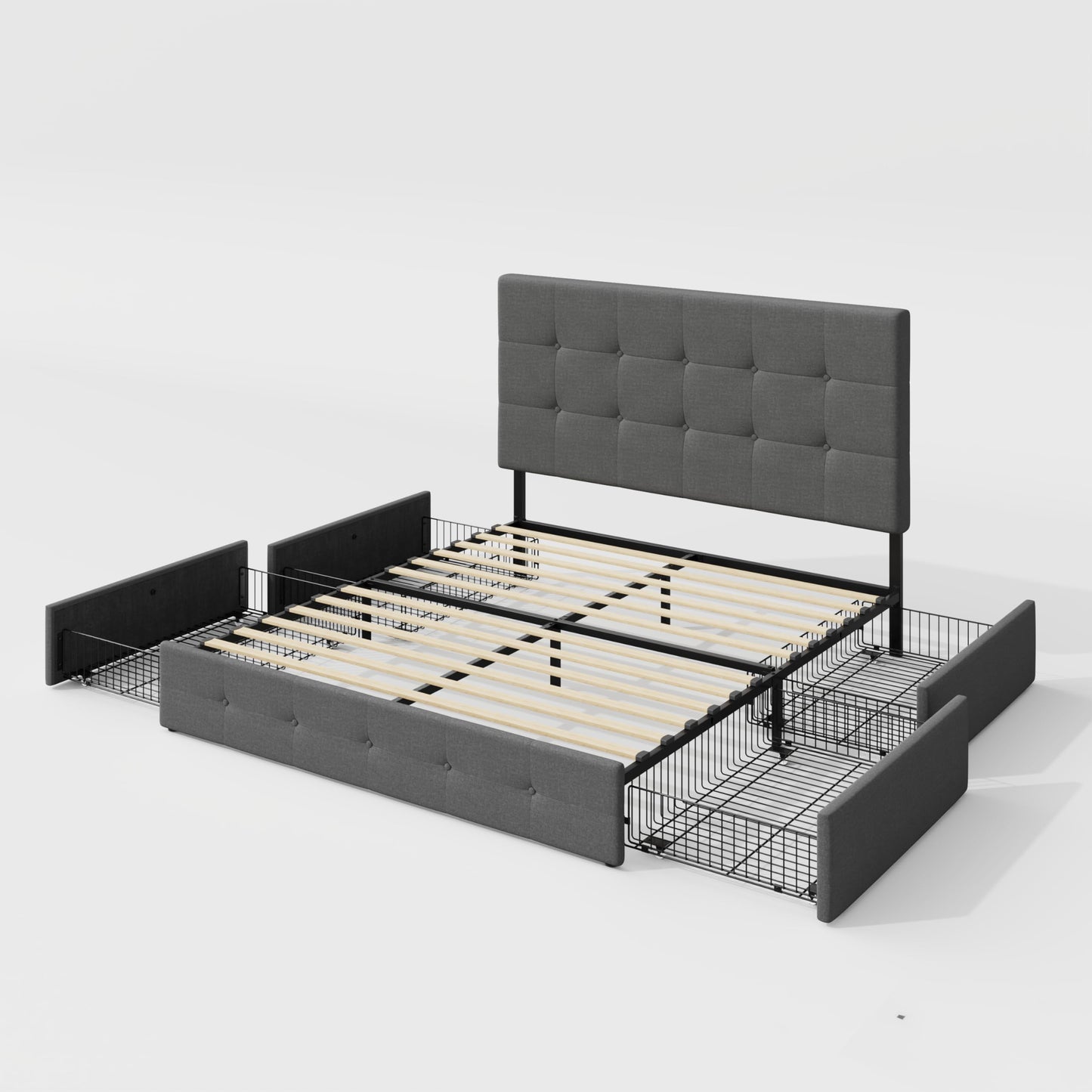 Allewie Upholstered Full Size Platform Bed Frame with 4 Storage Drawers and Headboard, Square Stitched Button Tufted, Mattress Foundation with Wooden Slats Support, No Box Spring Needed, Light Grey