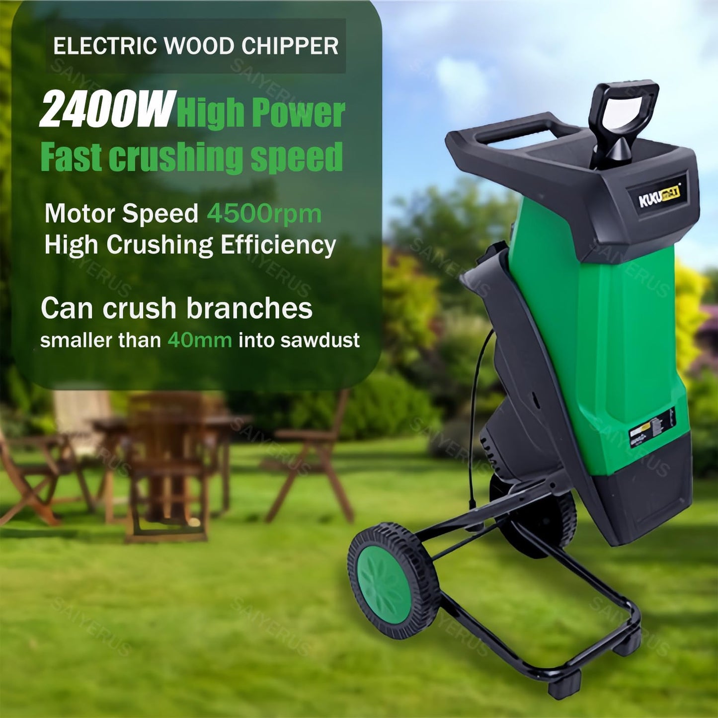 SAIYERUS 2400W Electric Wood Chipper/Shredder with Wheels Electric Garden Shredder Portable Chipping Corded Electric Yard Waste Shredding Machine with Collection Bag, 1.6" Feed Hopper, Auto Shut-Off