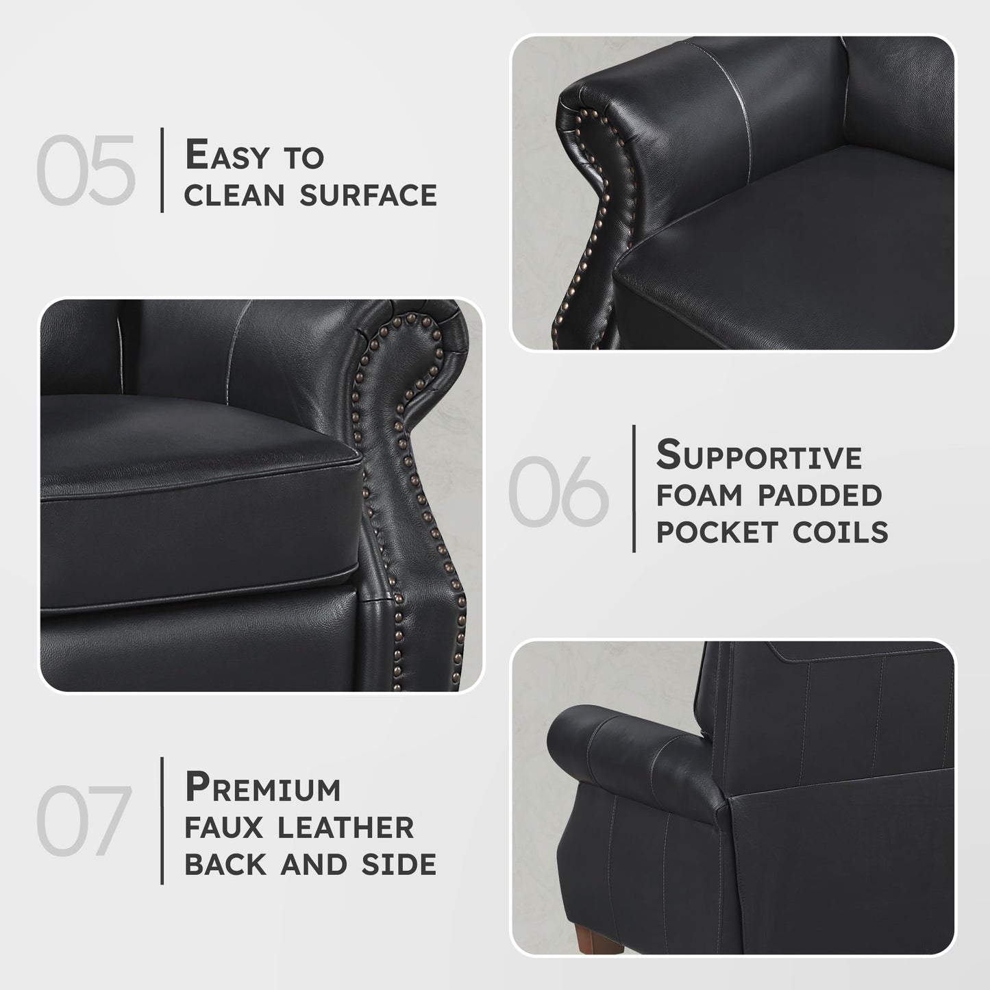 Lexicon Push Back Reclining Chair, Top Grain Leather Match Push Back Recliner Chair with Nailhead Trim, Rolled Arms, Solid Wood Legs, for Living Room/Apartment/Office, Easy Assembly, Black