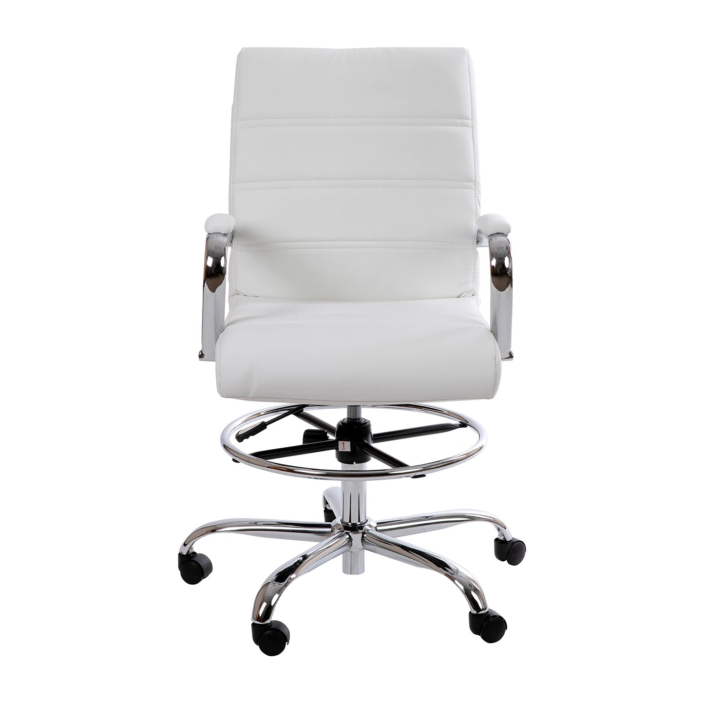 Flash Furniture Whitney Mid-Back Swivel LeatherSoft Drafting Chair with Padded Seat, Armrests, and Foot Ring, Adjustable Office Chair, White/Chrome