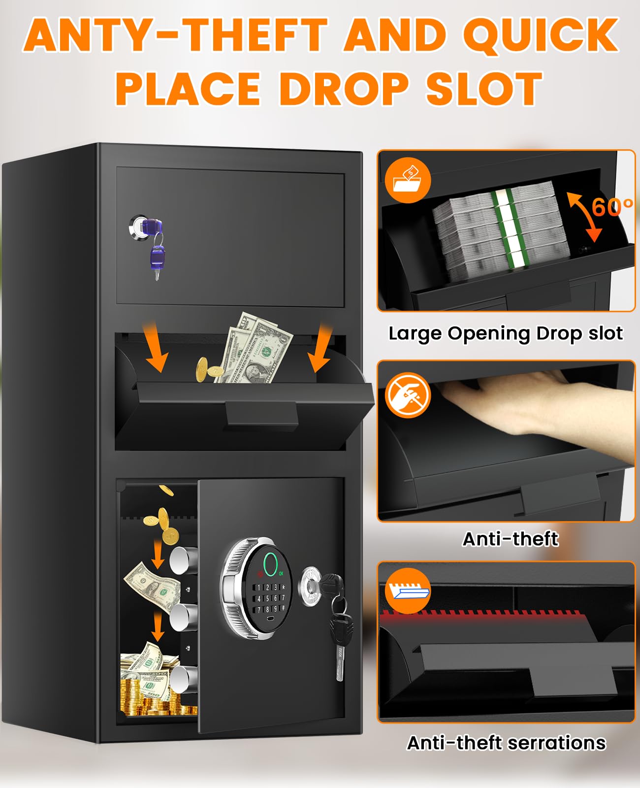 5.8 Cuft Large Biometric Drop Safe for Business, Anti-Theft Fingerprint Safe with Quick Place Drop Slot, Digital Keypad and Spare Key, Safe Box for Home Office Retail Store Business Mail Church