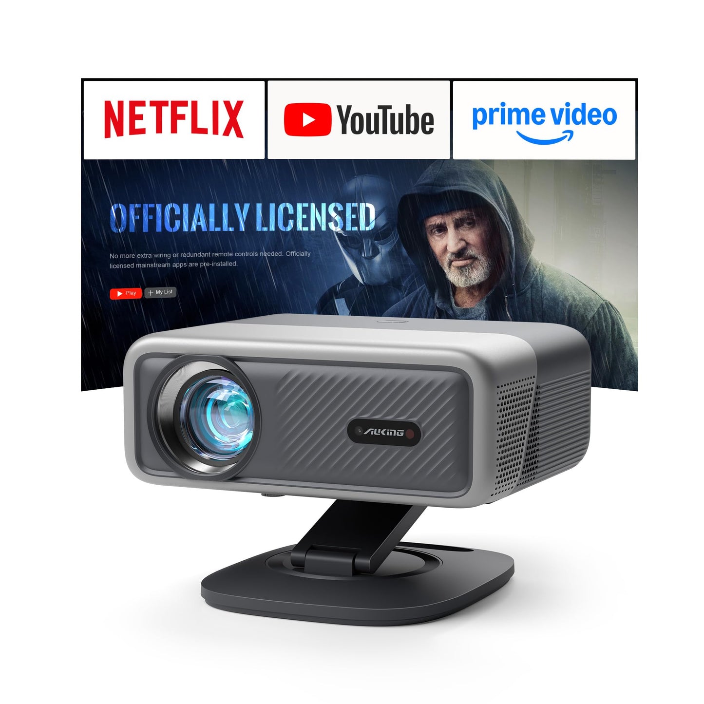 [Now with Netflix & 4000 ANSI] 4K Projector with WiFi and Bluetooth,TOF Real-Time Auto Focus Projector, AuKing Outdoor Movie Home Proyector with Omni-Adjustable Stand(silver grey)